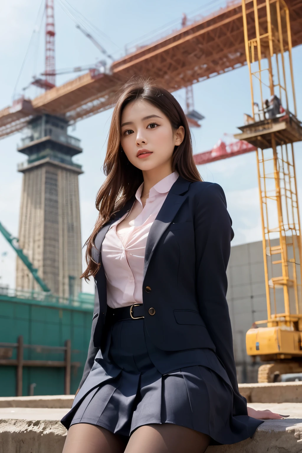 masterpiece, Bokeh, (Beautiful Face), (Detailed face), (Perfect hands), (Japanese Idols:1.6), (school uniform:1.3), (Ultra-realistic pantyhose:1.3), (Sit at the top of the tower:1.3),( Large bridge construction site:1.3), (Blushed:1.3), Working boots, (From below:1.5), Beautiful mature woman、