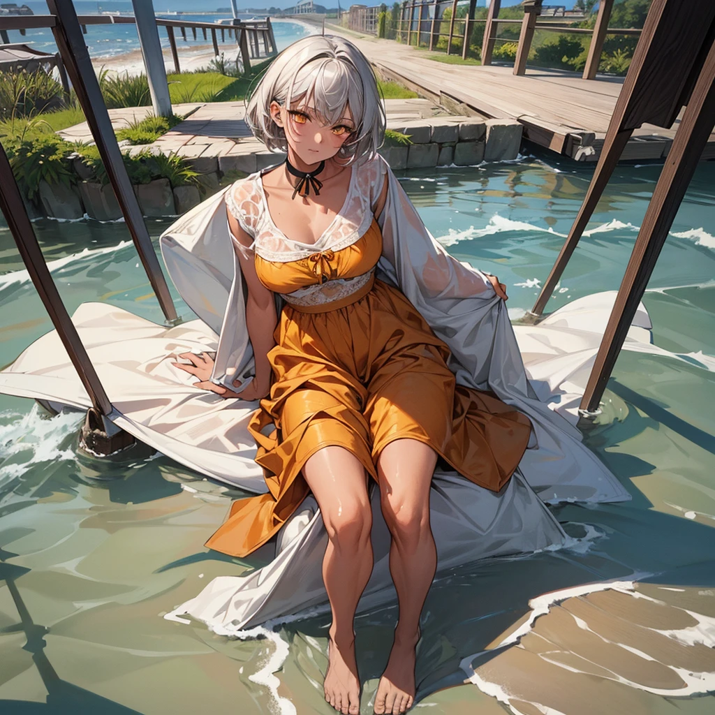masterpiece, Highest quality, Perfect Face, Highest Resolution, Highest quality,Detailed depiction of the eyes, 8k, 1 girl, young, dark tan skin, slate gray hair, short hair, upturned eyes, Yellow Orange eyes, ribbon choker, Wet clothes, Seaside house, relax and enjoy, Perfect Anatomy, Full body angle shot