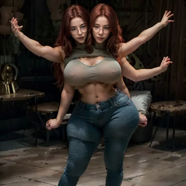 Masterpiece, best quality, 1girl, solo, 23 years old, adult, bright red hair, messy hair, asymmetrical hair, ahoge, long hair, aqua eyes, huge round breasts, toned, 167cm, pale skin, glasses, grin, olive green shirt, jeans, midriff peek, (five heads one body)full body shot,cute feet(extra limbs)( extra arms)many muscular arms