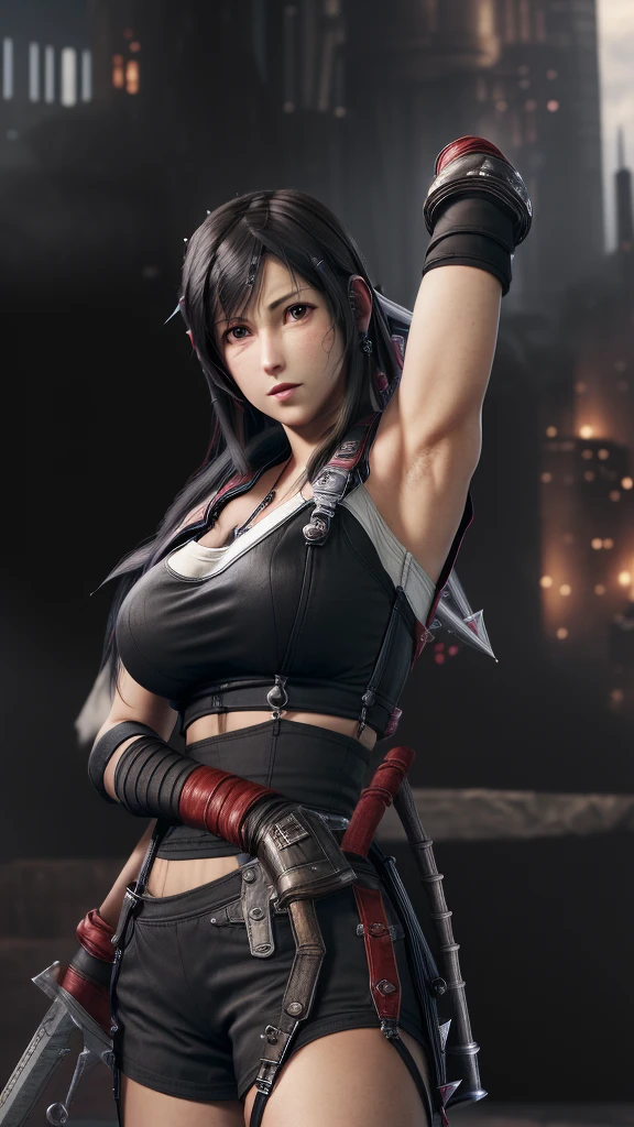 (((((tifa lockhart,Final Fantasy 7:1.5))))),((Highest quality、masterpiece、anime style、best quality、high resolution、8k、detailed、ultra-detailed:1.3))、Long legs:1.2, Beautiful woman with perfect figure:1.4、(Smiling:1.2), double eyelid、30-year-old female、((((One Woman,beautiful face,Beautiful face、Outdoor,upper body:1.5)))),Big Breasts、High resolution, accurate, Anatomically correct, High-resolution model, high quality, Very detailed, Ultra high definition、Black Hair、Straight Hair、Long Hair,Red open finger gloves,(Uplifting、action、contrapposto pose、dynamic、dynamicポーズ、dynamic motion:1.5)、(((speed lines、action lines:、movement,dynamism 1.5)))