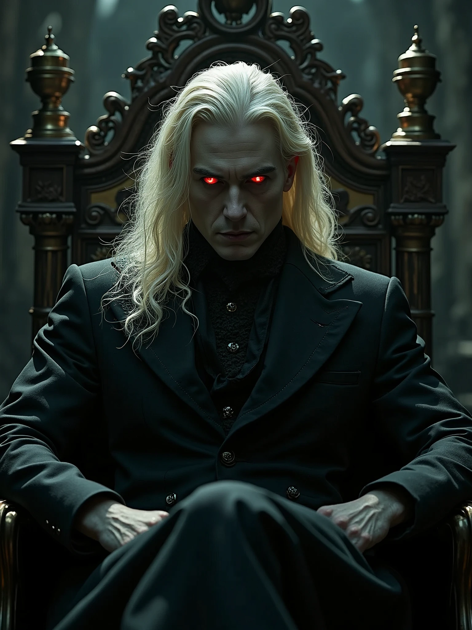 ((masterpiece, 8K, best quality, high resolution:1.3)), (a vampire sitting on his throne made of human bones in a dark castle:1.2), (editorial style photo:1.2), (his eyes are red and his skin is very pale:1.2), (his hair is long and blonde:1.2), (he is very strong:1.2), (his clothes are in Victorian style:1.2), (focus on his face:1.2), (Canon EOS 5DS R camera, perfect for capturing the intricate details of the scene:1.2), (paired with the Canon EF 85mm f/1.2L II USM lens:1.2), (the scene is illuminated with dramatic, low-key lighting:1.2), (his intense and piercing gaze showcasing his power:1.2), (a moment frozen in time, capturing his dark allure and the gothic atmosphere:1.3), (ultra photorealistic, highlighting his striking features and the eerie castle setting:1.3), (an image that transports viewers to a haunting and captivating moment:1.2), (a scene that exemplifies the mystique and danger of the vampire:1.2), Cinematic, Hyper-detailed, insane details, Beautifully color graded, Cinematic Lightning, Insanely detailed and intricate, Hyper maximalist, Volumetric, Full color, HDR, shallow depth of field, high budget Hollywood film, cinemascope, moody, epic, gorgeous
