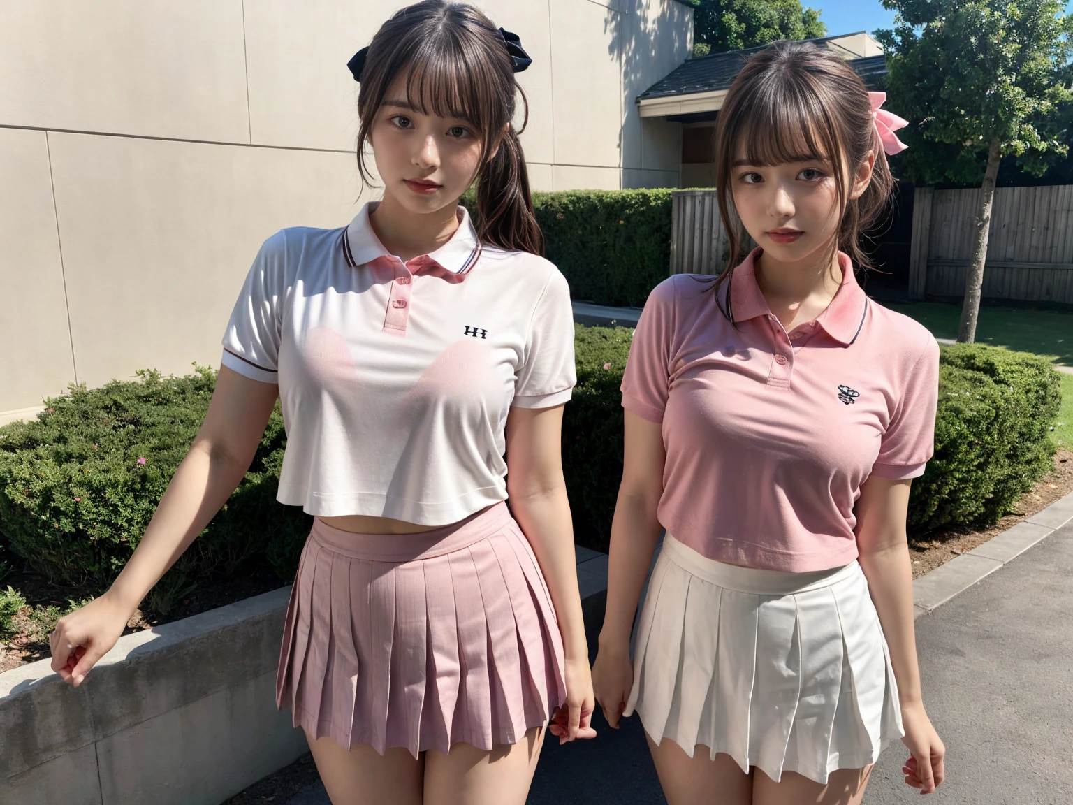 masterpiece, best quality, illustration, Super detailed, fine details, High resolution, 8K,wall paper, perfect dynamic composition,(Details High quality, realistic depiction of eyes:1.3), (2 girls), BREAK (white theme:1.4), (tucked-out short sleeve white polo shirt:1.4), (pink lines on tops outline:1.3), (pure white pleated mini skirt:1.3), (hem of top covers top half of skirt:1.3), (pink fluffy scrunchie on wrist:1.3), (white and pink sports shoes:1.2), sitting, open legs, short bob hair, in a hotel room in the background, deep on field, (large breasts:1.2), black hair color, Big Natural Color Lip, (perfect body shape), crying a little、Harajuku style、20 year old girl、cute type、beautiful legs, Gravure Idol