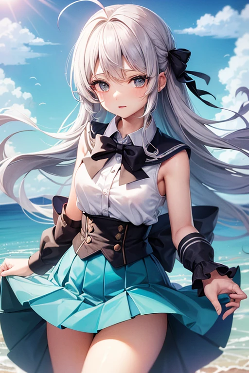 (master_piece, high_quality, beautiful, super delicate, absurdres:1.2), 1girl, mature, , beautiful face, ahoge, hair fluttering in the wind, white hair, blue eye, (long scout suit, long skirt, The wind is blowing, Skirt flipped up, I can see your underwear, skirt that flipped in the wind, skirt billowing, I can see your underwear, wind lift:1.2), port, (clear water, gemstone sea:1.2), Ship in the distance, The trails that planes make, blue sky, Sunshine, street in the distance,