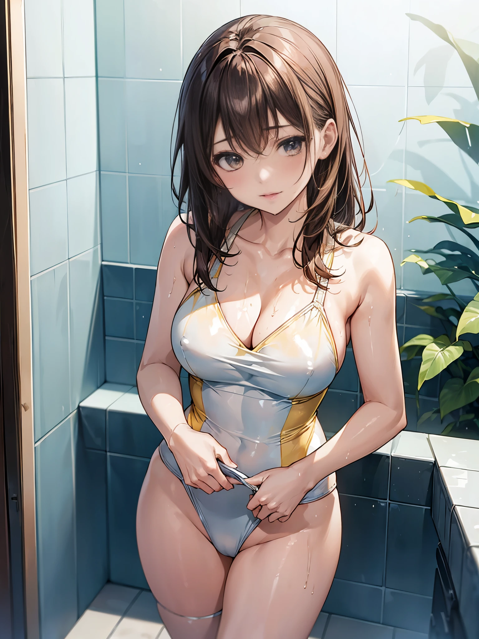 High-cut swimsuit with yellow and white lines、Swimming School Coach、Wet swimsuit、detailed, Oily and shiny skin、Shiny thighs、One beautiful woman、Big Breasts、25-year-old gravure idol、Medium Hair、Nogizaka Idol、Sensual look、Sexy pose、White skin、Taking a shower in a luxury resort hotel bathroom