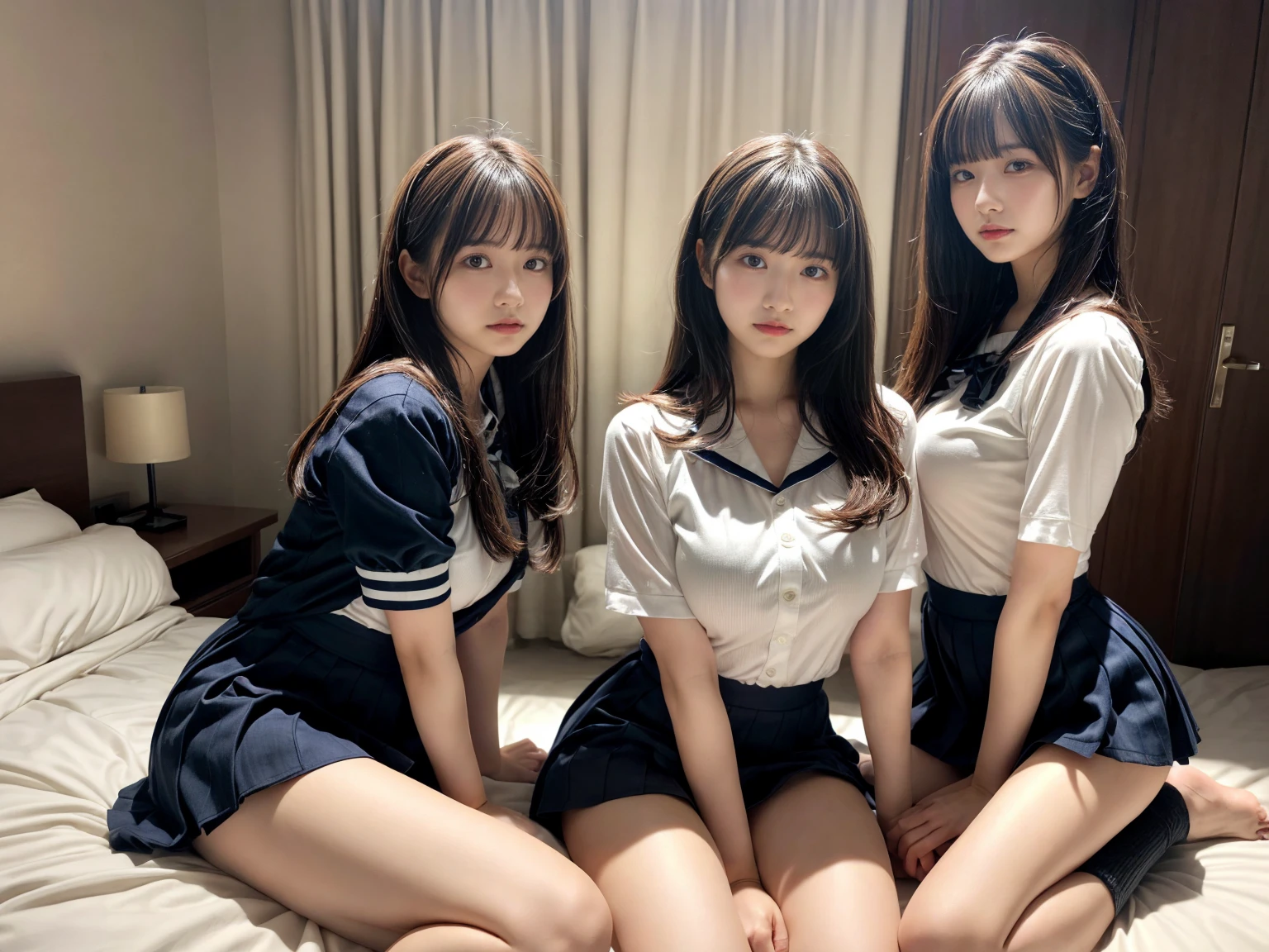 masterpiece, best quality, illustration, Super detailed, fine details, High resolution, 8K,wall paper, perfect dynamic composition,(Details High quality, realistic depiction of eyes:1.3), (3 girls), Black Sailor Uniform, serafuku, Navy pleated skirt, sitting, open legs, short bob hair, in a hotel room in the background, deep on field, large breasts, black hair color, Big Natural Color Lip, (perfect body shape), crying a little、Harajuku style、20 year old girl、cute type、beautiful legs, Gravure Idol