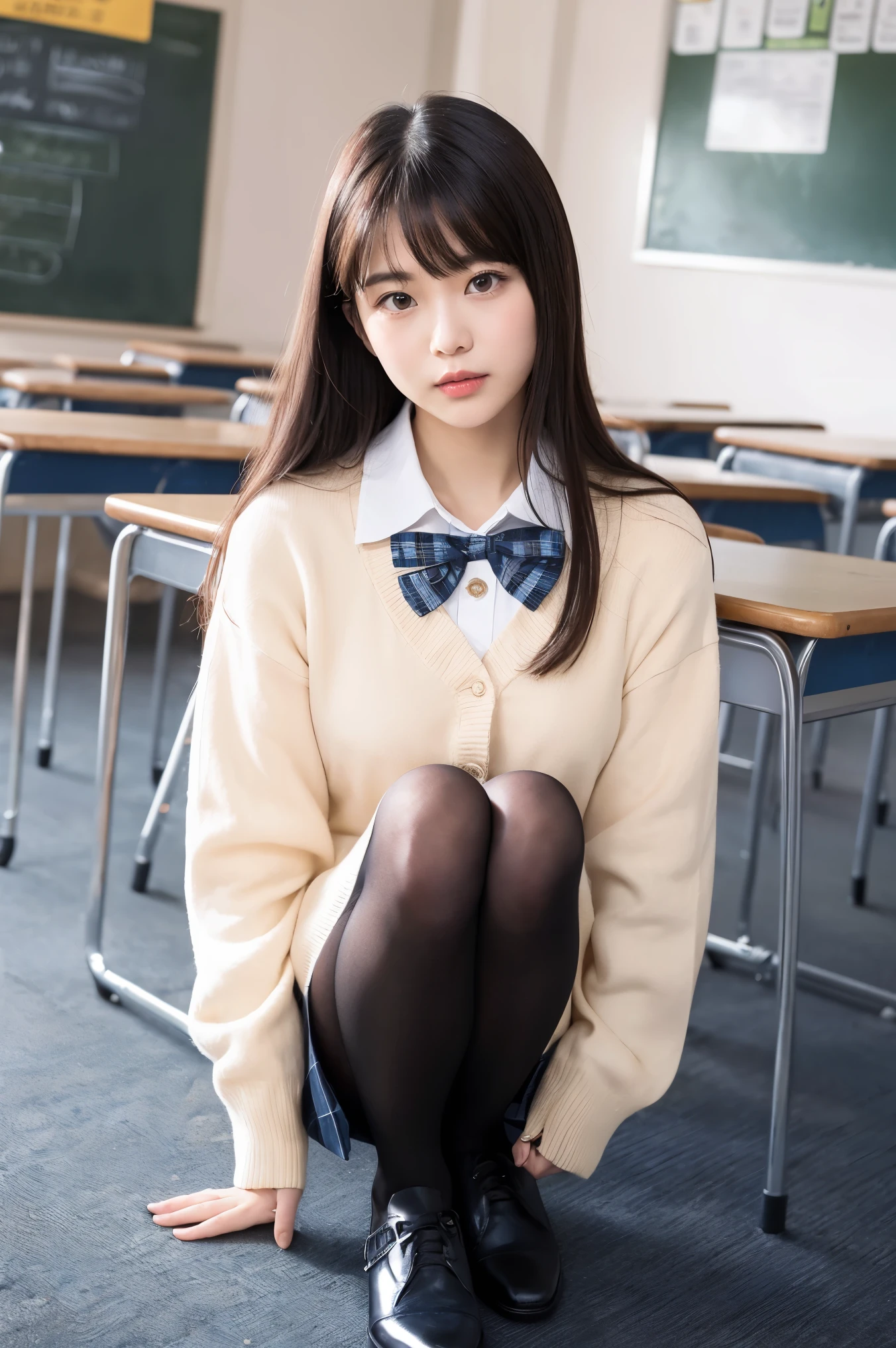 (((8k、High resolution、Highest quality、High resolution)))alone、Natural body shape、White skin、Natural Makeup、((Black Hair、bangs、Straight Long Hair))、((()))、Crouching、(:1.4)、(())、(((((Full body photo)))))、(((Looking into the camera)))、(((Wear a uniform on the upper body)))、classroom、(((Of high school))) 、((white collared long sleeve blouse))、((Beige cardigan))、((Pleated skirt with dark blue plaid pattern、mini skirt、Ultra-realistic pantyhose))、、、Expressionless、((Exposing your thighs)), Beautiful mature woman
