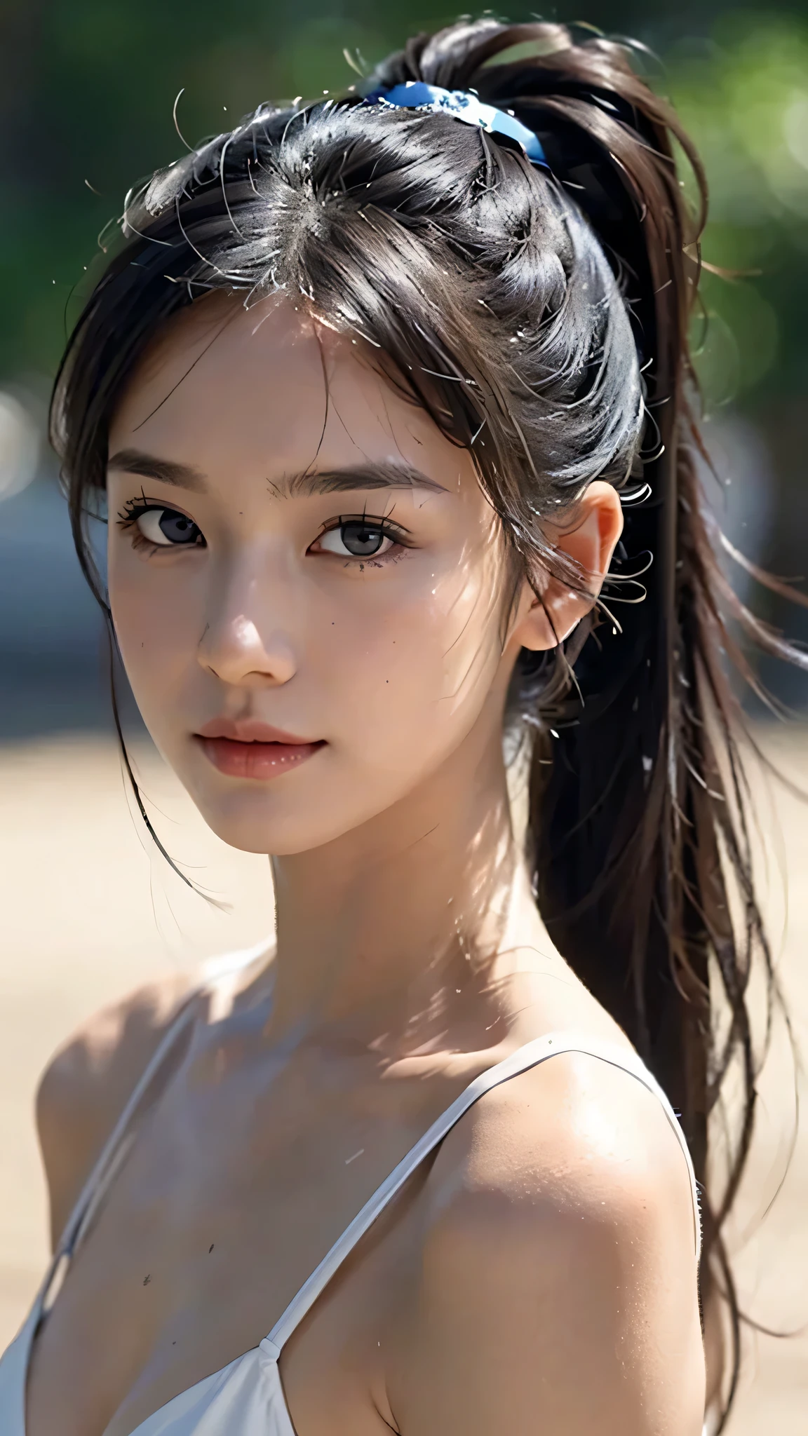 Bust Shot,bikini,Body in front,masutepiece, The highest image quality, High quality, the background is clear,Beautiful woman, Japanese, Detailed, Ultra-detailed, finely detail, hight resolution, 8K Wallpaper, Perfect dynamic composition, Beautiful detailed eyes ,Detailed eyes, Detailed skin, Beautiful skin, 超hight resolution, (reality: 1.4),Very beautiful woman, Slightly younger face, Beautiful skin, slender, (Ultra photo realsisim), (hight resolution), (8K), (Very detailed) (beautifully detailed eyes), (super detailed), (Detailed face), view the viewer, Fine details, Detailed face, Staring straight ahead, Staring straight ahead, photos realistic, Bright lighting, Professional Lighting, Black hair,poneyTail,a baby face,sixteen years old,Hairstyle: ponytail,Long ponytail hairstyle,slight smile,