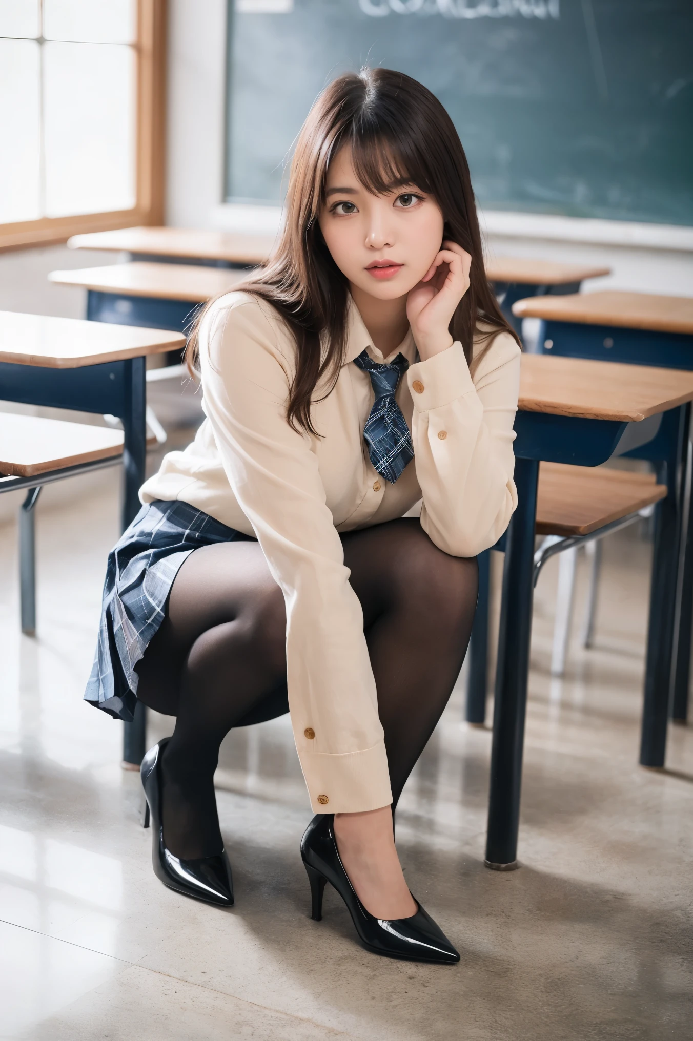 (((8k、High resolution、Highest quality、High resolution)))alone、Natural body shape、White skin、Natural Makeup、((Black Hair、bangs、Straight Long Hair))、((()))、Crouching、(:1.4)、(())、(((((Full body photo)))))、(((Looking into the camera)))、(((Wear a uniform on the upper body)))、classroom、(((Of high school))) 、((white collared long sleeve blouse))、((Beige cardigan))、((Pleated skirt with dark blue plaid pattern、mini skirt、Ultra-realistic pantyhose))、、、Expressionless、((Exposing your thighs)), Beautiful mature woman