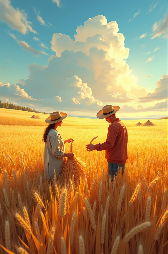 masterpiece, best quality, (Highly detailed CG Unity 8k wallpaper) (best quality), (Best Illustration), (Best shadow) Nature harvests wheat, Super detailed , People working in the fields