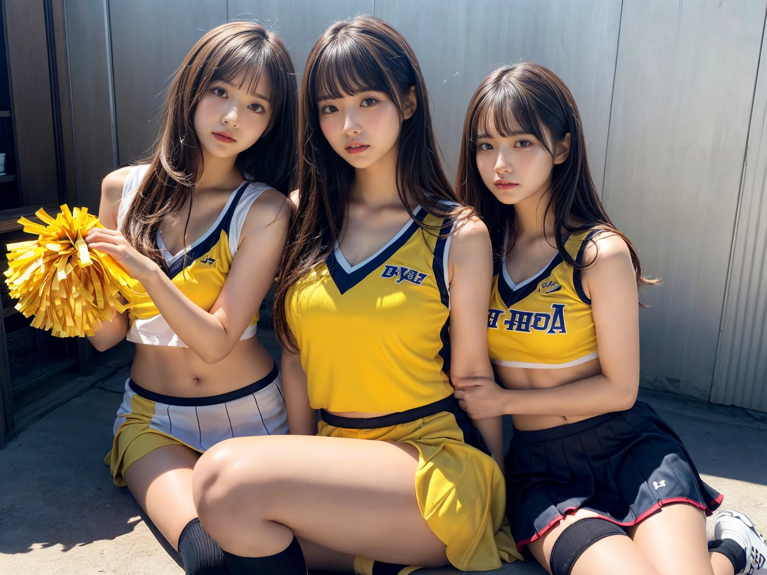 masterpiece, best quality, illustration, Super detailed, fine details, High resolution, 8K,wall paper, perfect dynamic composition,(Details High quality, realistic depiction of eyes:1.3), (3 girls), BREAK (cheerleader uniform with yellow as basic color:1.3), (holding a yellow pompoms in hand:1.4), (sleeveless yellow tunic with baseball team logo:1.4), yellow tops, (bold V-neck:1.3), ((Blue lines, black lines) on tops:1.3), ((fit and flare, A-line):1.3), (A-line yellow rah-rah skirt:1.3), mini skirt, (black socks:1.3), (sports shoes:1.2), sitting, open legs, short bob hair, in a hotel room in the background, deep on field, large breasts, black hair color, Big Natural Color Lip, (perfect body shape), crying a little、Harajuku style、20 year old girl、cute type、beautiful legs, Gravure Idol