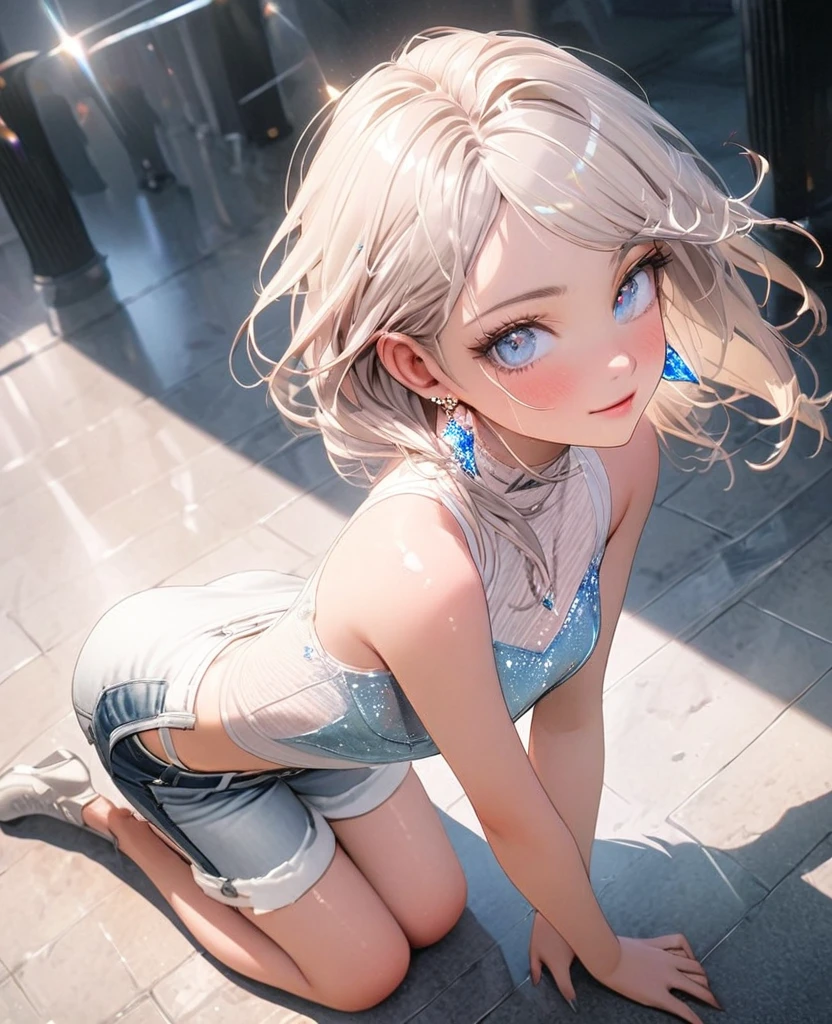 8K,gal，an extremely delicate and beautiful,Beautiful and realistic skin,Shiny jewel-like earrings,Shine like glitter long white hair,beautiful eyes,Fashion Model,full body,sleeveless white sweater,short shorts
