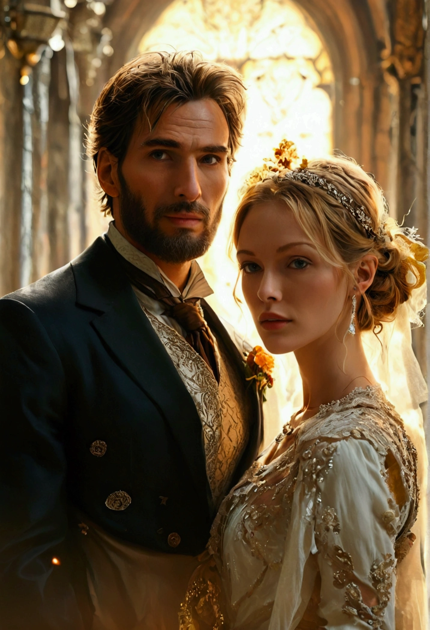 they pose for a photo with an umbrella in the sun, romance novel cover, elegant digital painting, The style of romanticism, exquisite digital illustration, Fantasy Victorian art, Romanticism Portrait, kramskoi 4 k, in the art style of bowater, Darius Zawadzki and Tom Bagshaw, stunning digital illustration, Painting of the Romantic era