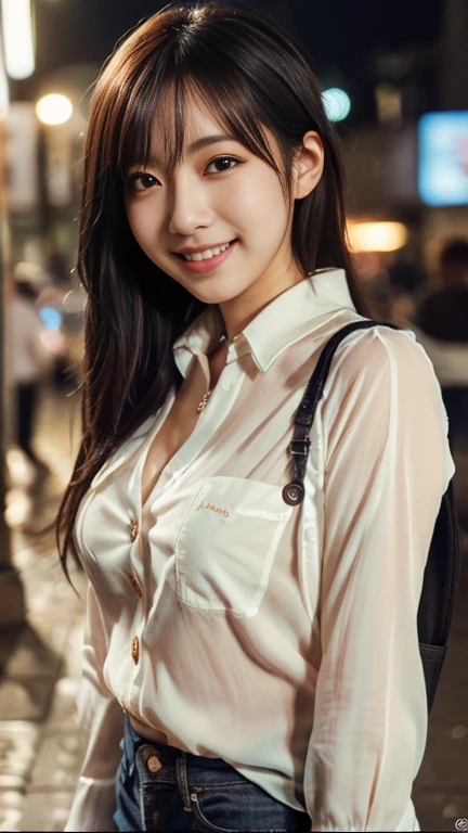 (1 girl, (The buttons on the front of her blouse are undone.:1.2), Beautiful Japanese actresses,
(RAW Photos, highest quality), (Realistic, Photorealistic:1.4), masterpiece,
Very delicate and beautiful, Very detailed, 2k wallpaper, wonderful,
finely, Very detailed CG Unity 8k 壁紙, Very detailed, High resolution,
Soft Light, Beautiful detailed girl, Very detailed目と顔, Beautiful and detailed nose, Beautiful and detailed, Cinema Lighting,
BREAK
(Rainy night Tokyo 1.2), City lights,
Perfect Anatomy, Slender body, Medium breasts, kind smile, zoom-in face to waist, candid shot, medium shot or cowboy shot, bokeh, SFW)