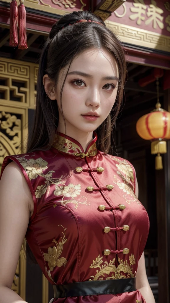 (best quality,4k,8k,highres,masterpiece:1.2),ultra-detailed,(realistic,photorealistic,photo-realistic:1.37),1girl,red cheongsam,sexy,long black hair,standing,highly detailed,upper body,traditional Chinese dress,elegant,graceful,beautiful face,striking features,porcelain skin,alluring eyes,captivating expression,traditional Chinese architecture,ornate background,intricate patterns,vibrant colors,dramatic lighting,cinematic composition