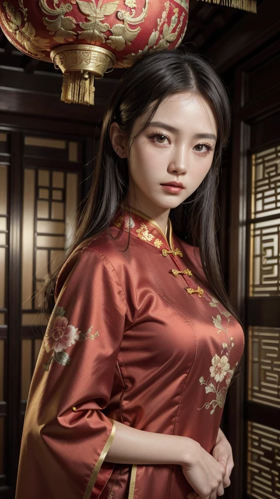 (best quality,4k,8k,highres,masterpiece:1.2),ultra-detailed,(realistic,photorealistic,photo-realistic:1.37),1girl,red cheongsam,sexy,long black hair,standing,highly detailed,upper body,traditional Chinese dress,elegant,graceful,beautiful face,striking features,porcelain skin,alluring eyes,captivating expression,traditional Chinese architecture,ornate background,intricate patterns,vibrant colors,dramatic lighting,cinematic composition