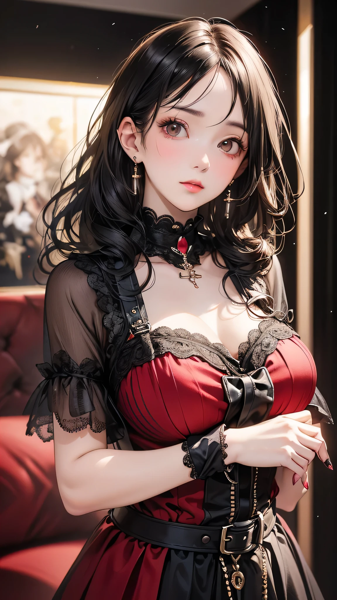 bloom, Lens Reflection, (8k, to be born, Professional, Highest quality, masterpiece: 1.2), (Realistic, photoRealistic: 1.37), Very detailed, (Wide-angle 25mm portrait), (Most detailed skin: 1.2), Very detailed顔, Cinema Lighting, One Girl, Black curly hair, (the wind is strong), Standing on the couch, Dark Light, Looking into the camera, Medium breast, black and red blouse