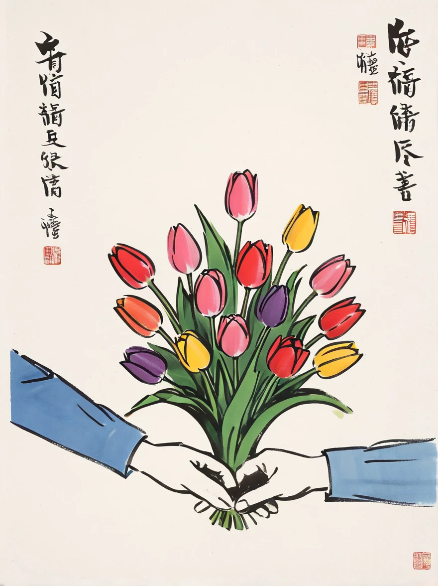 Generate an image titled 'Heartfelt Tulip Dreams', showcasing a bouquet of vibrant tulips in full bloom. Each petal of the tulip should shape like a heart, symbolizing feelings of love and compassion. A human hand, representing the combined efforts of a diverse range of biomedical engineers, male and female, from different racial backgrounds including Caucasian, Hispanic, Black, Middle-Eastern, and South Asian, weaves through the bouquet. This captures the nurturing influence of these professionals in steering the future of healthcare. (The traditional Chinese minimalist style of ink wash painting:1.5), (Influence of Feng Zikai's style:1.5), (The upper left corner of the paper should be blank within two thirds:2.5), The essence of Chinese culture, Delicate tones, A masterpiece of high quality, Excellence in Art, (negative space:2.5), zoom layer, UHD, anatomically correct, masterpiece, accurate, award winning, 8k, best quality, super detail