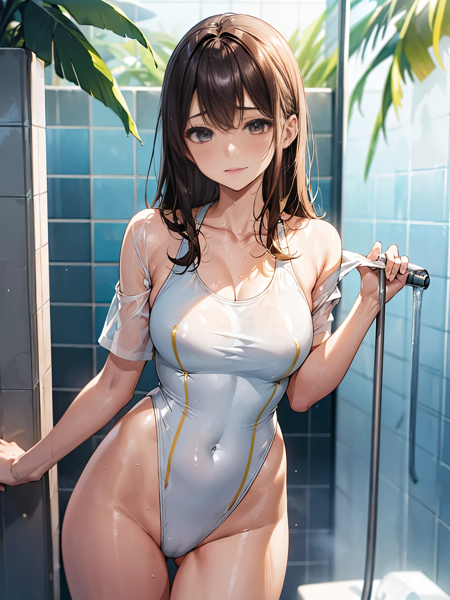 High-cut swimsuit with yellow and white lines、Swimming School Coach、Wet swimsuit、detailed, Oily and shiny skin、Shiny thighs、One beautiful woman、Big Breasts、25-year-old gravure idol、Medium Hair、Nogizaka Idol、Sensual look、Sexy pose、White skin、Taking a shower in a luxury resort hotel bathroom