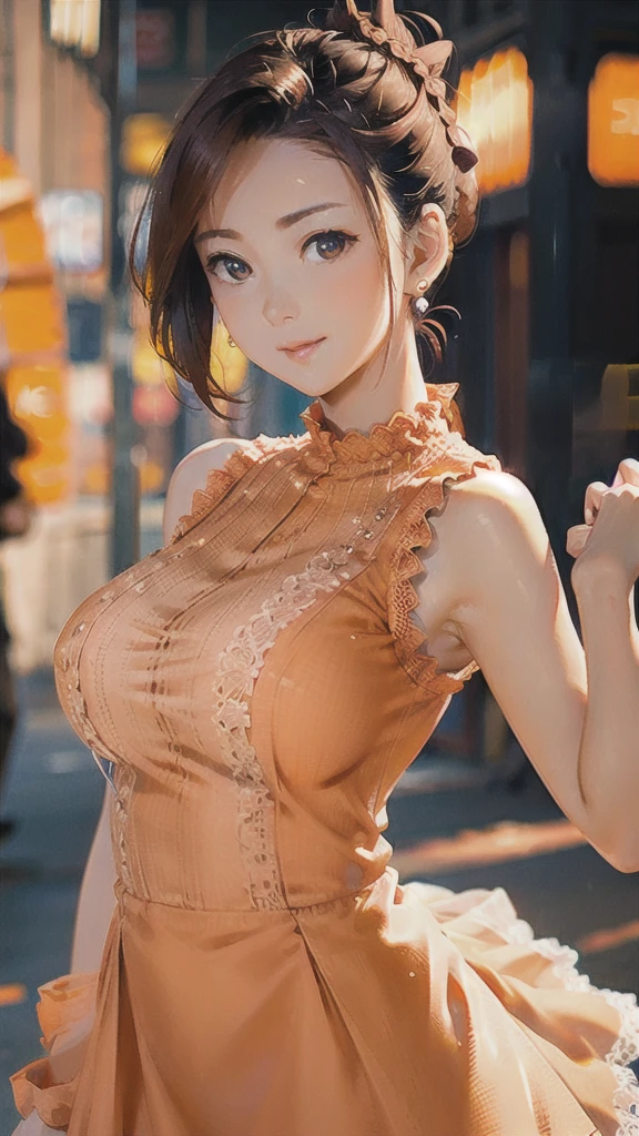 a woman posing on the street corner with orange dress on, best quality, 1girl, huge breasts, day, bright, blur background, bokeh, outdoor, (street:0.8), (people, crowds:1), (lace-trimmed dress:1.5, orange sleeveless dress, orange clothes:1.5, orange high-neck dress:1.5, orange dress: 1.5), gorgeous, (hair up:1.5), beautiful detailed sky, beautiful earrings, (dynamic pose:1), (upper body:0.8), soft lighting, wind, shiny skin, 