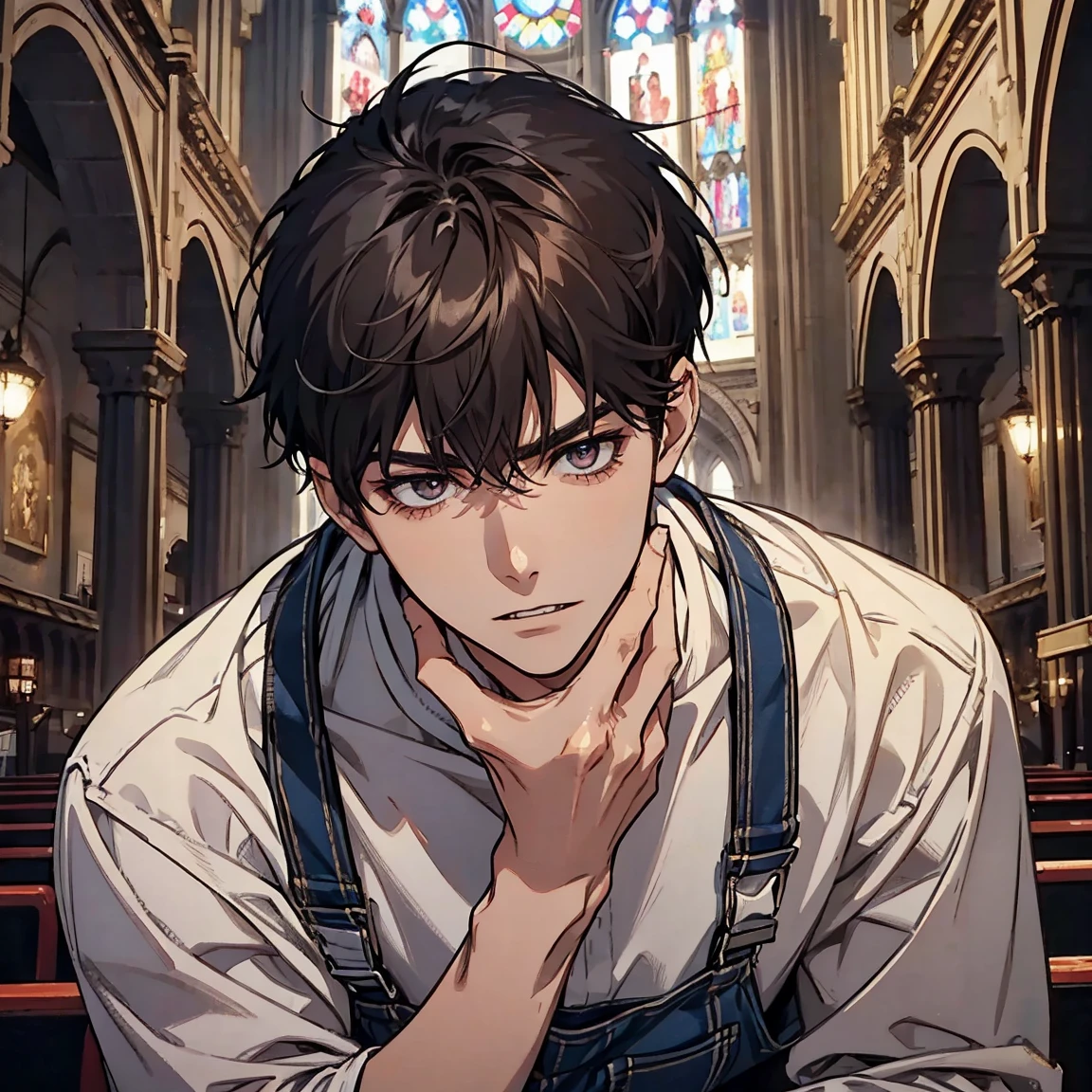 Landscape, male focus, solo, , v-taper body, rough {cut short hairstyle, very dark brown hair, male focus, mature
 Empty eyes, rings under the eyes, pale skin, sharp teeth} (handsome) , pretty perfect face, BREAK wearing( a red and black checked flannel shirt + blue dungarees ) BREAK (masterpiece) best quality, highest detail, superior quality, Church, Crucifix, pray, Upper body 