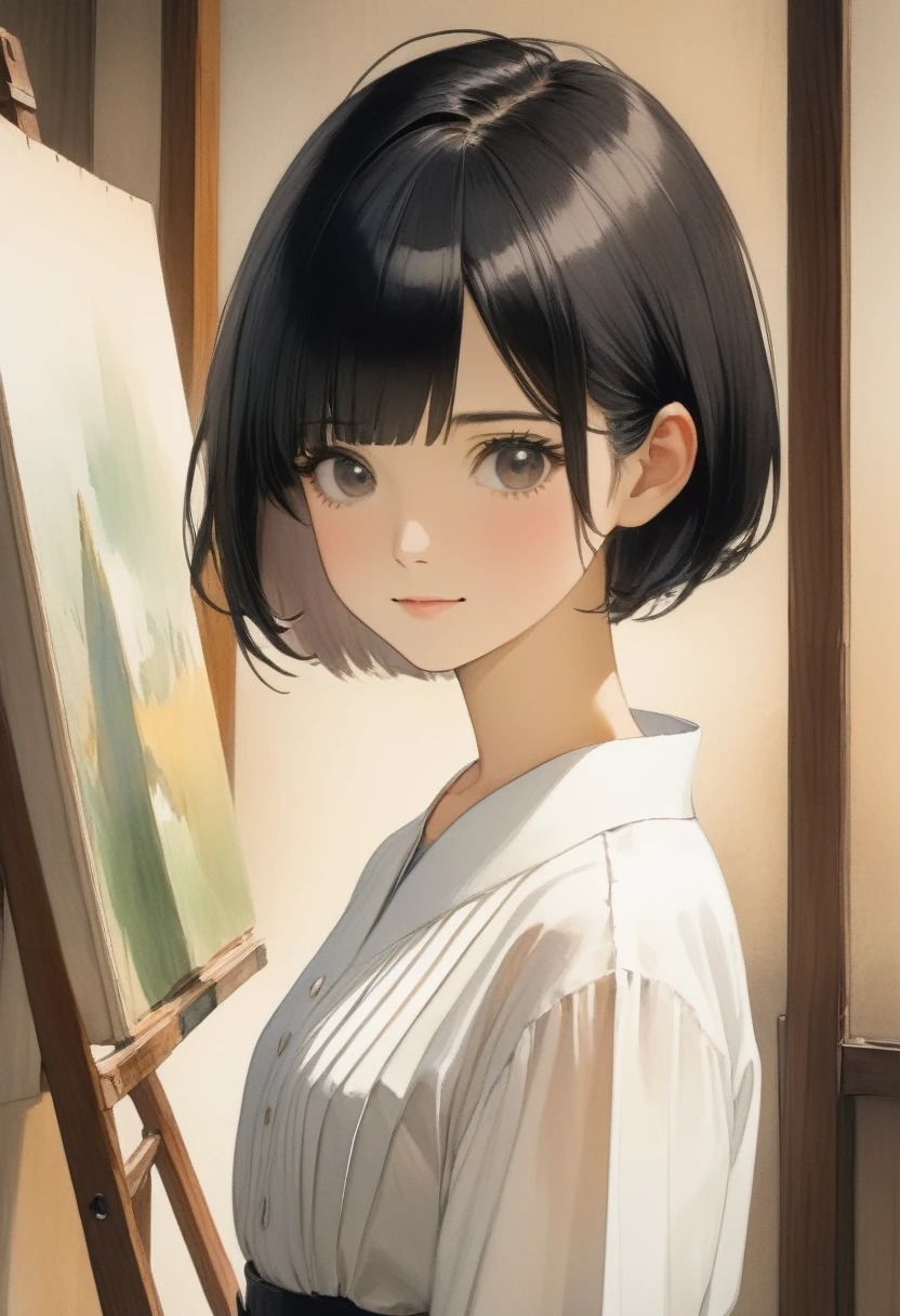 A Japanese watercolor painting, flat color, a girl, white shirt, pleated skirt, short straight black hair, standing in the atelier, in front of the canvas, detailed face, innocent gentle smile