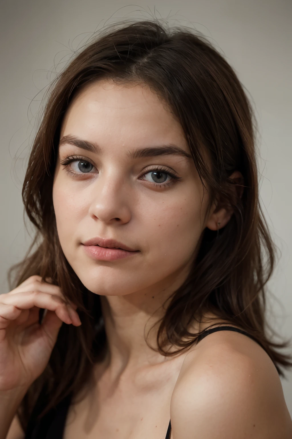 meilleure qualité, brune, Française, yeux bleu, réelle, vue de face, visage dégagé, sans mèche sur le visage.