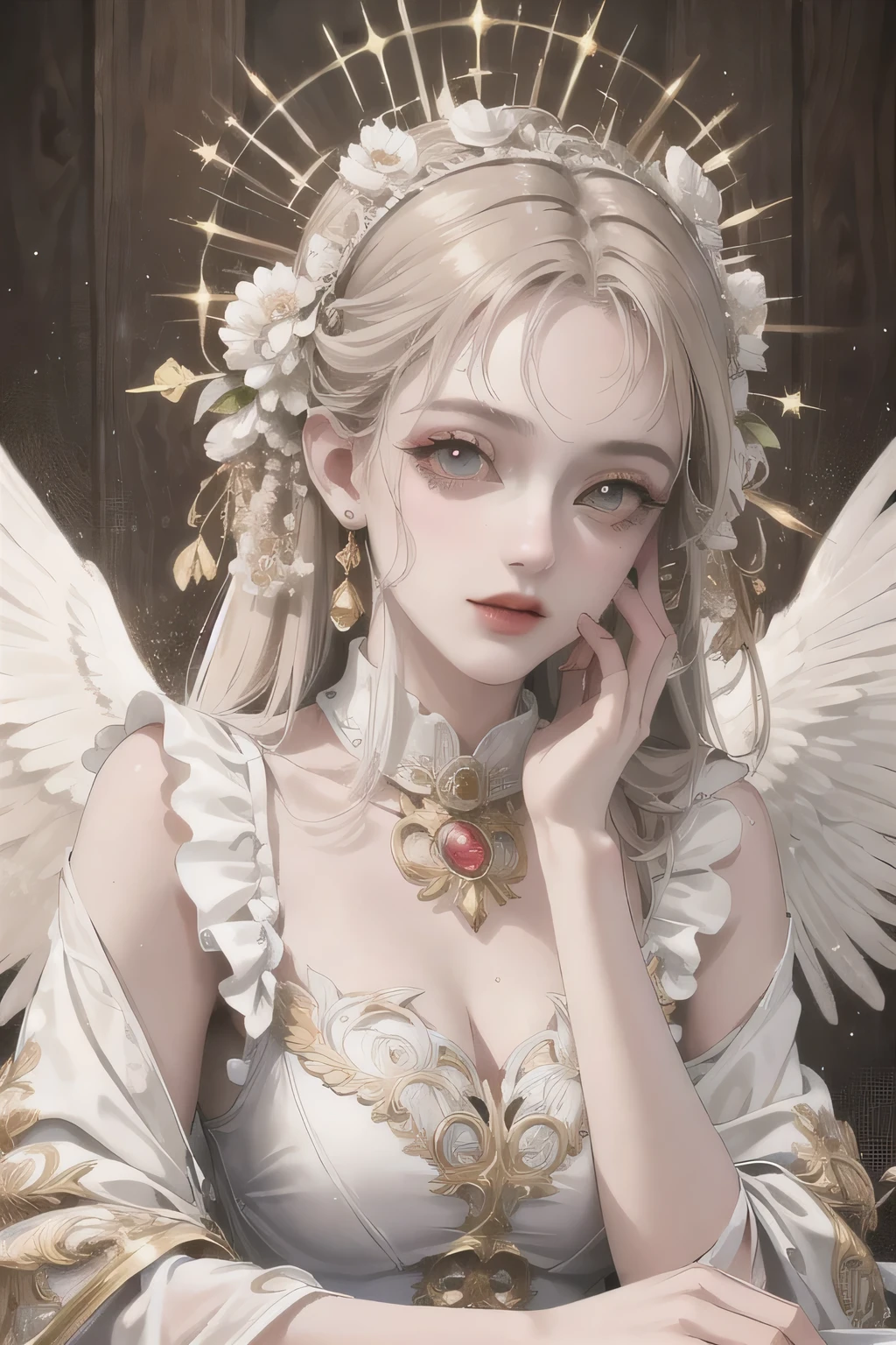a young girl with slim, slender figure, wearing white ta style dress, golden eyes, angelic and holy, (best quality,4k,8k,highres,masterpiece:1.2),ultra-detailed,(realistic,photorealistic,photo-realistic:1.37),intricate detailed face, piercing eyes, delicate features, long eyelashes, graceful pose, dreamlike atmosphere, warm lighting, vibrant colors, fantasy art