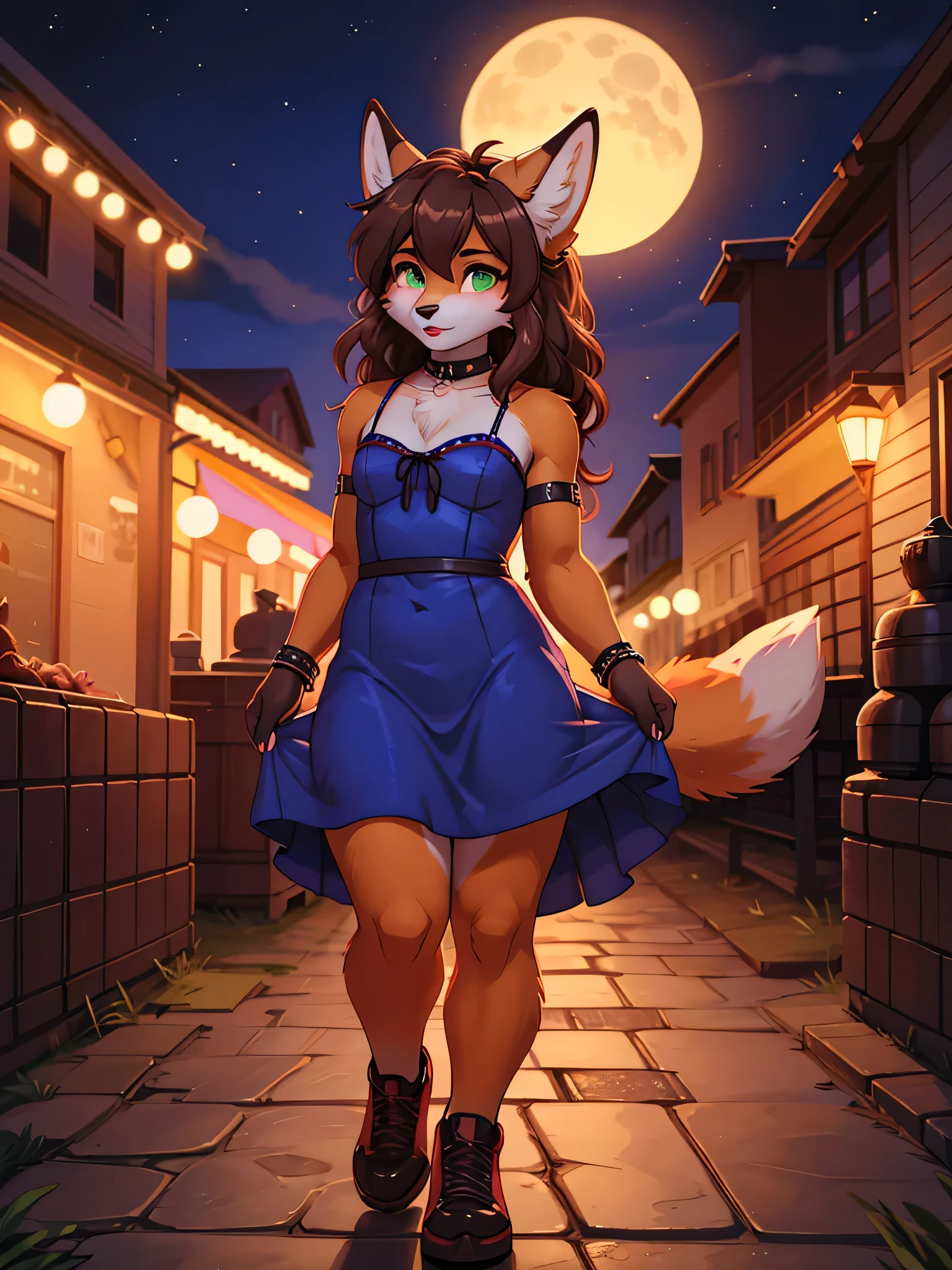 Best quality, furry male fox with green eyes, with brown long hair, with black spout, with red lipstick on lips, big lips, in a blue dress, crossdressing, cute shy, shows its charms, sexy pose, stands seductively against the backdrop of a night park