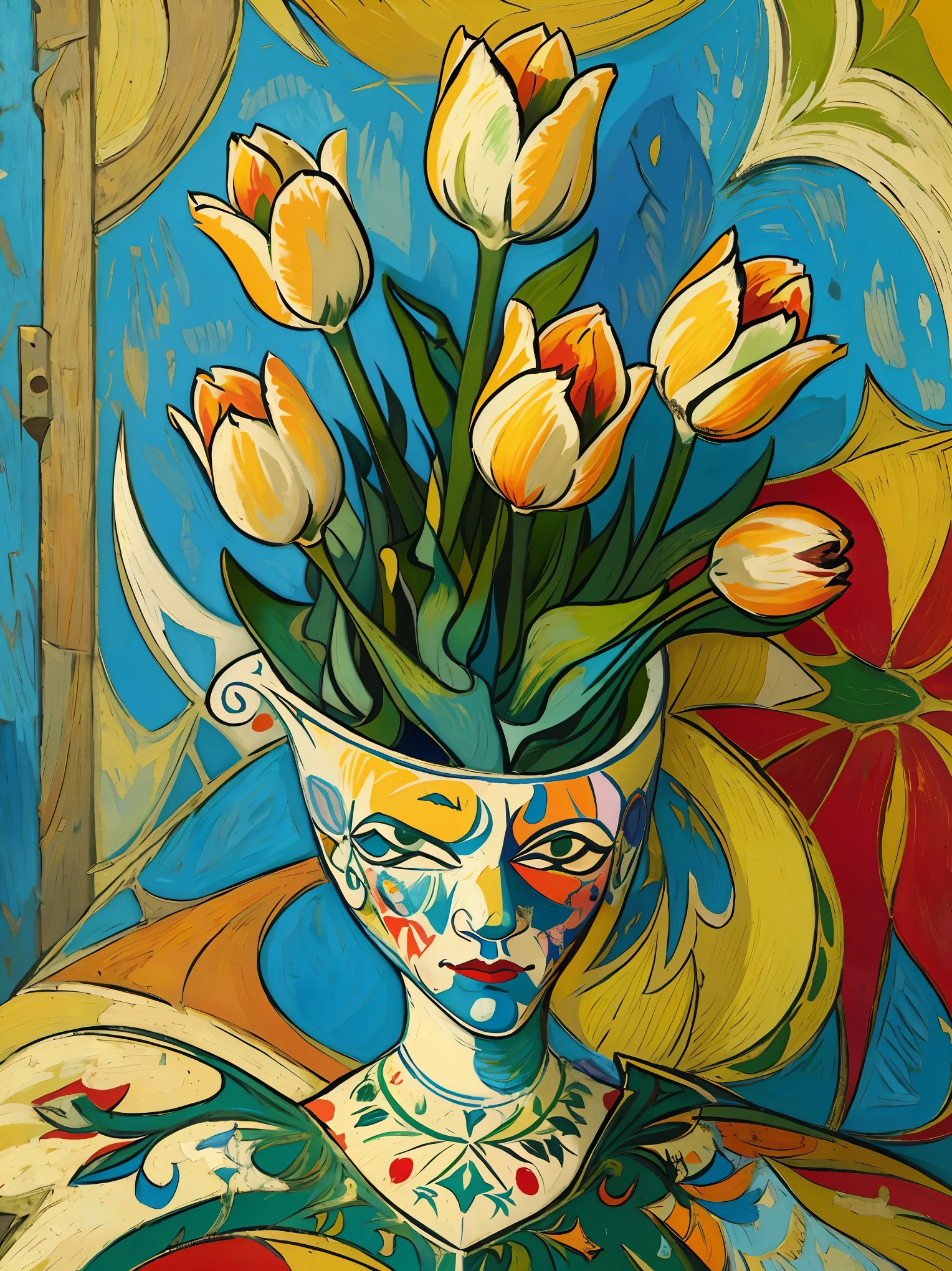 Tulip Painting, Inspired by Picasso, Influenced by Van Gogh, Tulip Fields, Full body image, Very colorful, Bright color palette, Oil, An illustration, unique configuration.