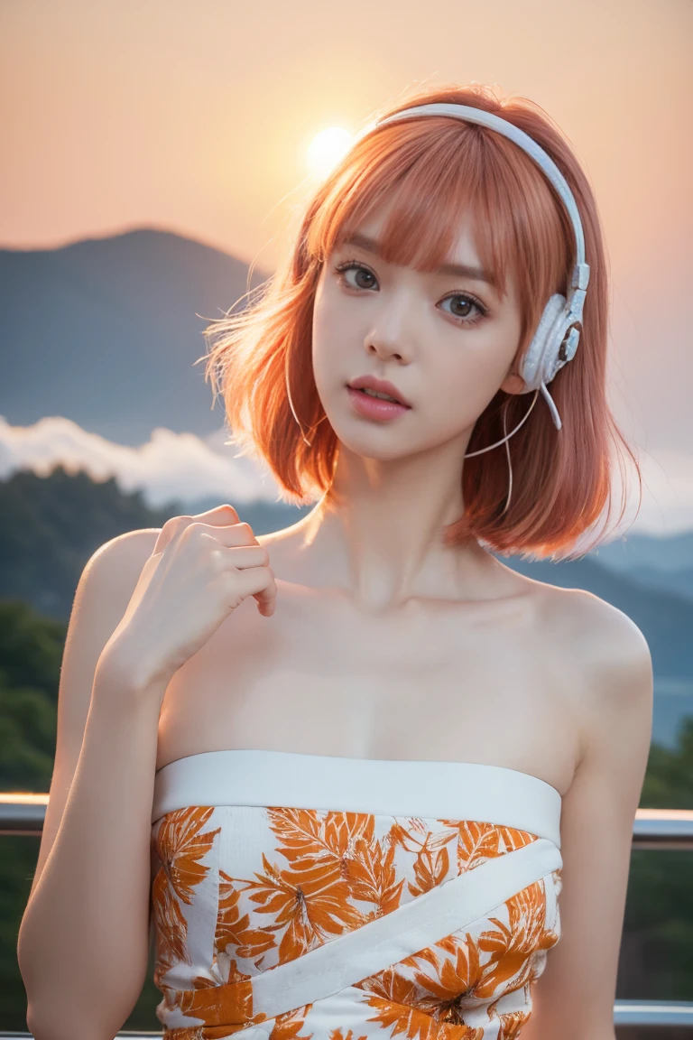 Top Quality, Masterpiece, Super High Resolution, (Actual:1.3), Original Photo, (Nature Photography), (Magnificent mountaintop, Sea of clouds), (Very wide mountain top), (Sunrise), (Girl), (Upper body), (Natural Light: 1.0), (Side View: 0.0), (Cowboy Shot: 0.0), (upper body: 1.8), (Close-up: 0.8), Portrait, Cinematic Lighting, Glow, Ray tracing, reflected light, f135mm, UHD, accurate, skin texture, super detail, great detail, high quality, highest quality, 8k, (surrealism: 1.2), BREAK, (Japanese: 1.3), (25 years old: 1.0), (Small breasts: 1.6), (Long, large, slit eyes: 1.8), (Realistic eyes: 1.8), (Height at 160cm: 1.2) , (Transparent white skin: 1.2), (Short curly bright pink hair with bangs: 1.3), (Deep eyeshadow makeup: 1.4), BREAK, (Correct hand: 1.6), (Correct fingertips: 1.6), Sexy pose, (Place hand near cheek: 1.8), BREAK, (Big white headphones: 1.4), (Wearing an orange and white printed strapless dress: 1.4), BREAK, 