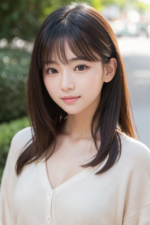 high quality、Generate high resolution images。She is young々Successfully、With a cute appearance、Has a fresh and natural look。Here are the specific details::
1. **Face shape**: Oval face with a slightly pointed chin。
2. **eye**: big、アーモンド形のeyeで、double eyelid。eyeの色はダークブラウンで、There is a vibrant glow。
3. **Eyebrow**: 自然なアーチを描いたEyebrowで、It is well maintained though、Not too thin。
4. **nose**: small、やや上向きのnose。
5. **mouth**: Natural pink plump lips。She has a gentle smile。
6. **Skin color**: Has a healthy glow、Brighter, smoother skin。
7. **hair**: long、ストレートな黒hairで、Has a slight sheen。hair型はソフトなウェーブかストレートのままにすることが多い。
8. **make**: ミニマルでナチュラルなmake。A lightweight foundation to even out skin tone、A touch of blush on the cheeks、eyeを引き立てるための控えめなアイライナーとナチュラルなマスカラ。Lips lightly tinted in pink or peach。
9. **accessories**: smallて繊細なイヤリングやシンプルなネックレスを時々wear。
10. **expression**: Friendly、フレンドリーなexpression。軽い微笑みや遊び心のあるexpressionが特徴。
To focus on her face、Shoot in a bright environment、The background should be neutral or soft and blurred。