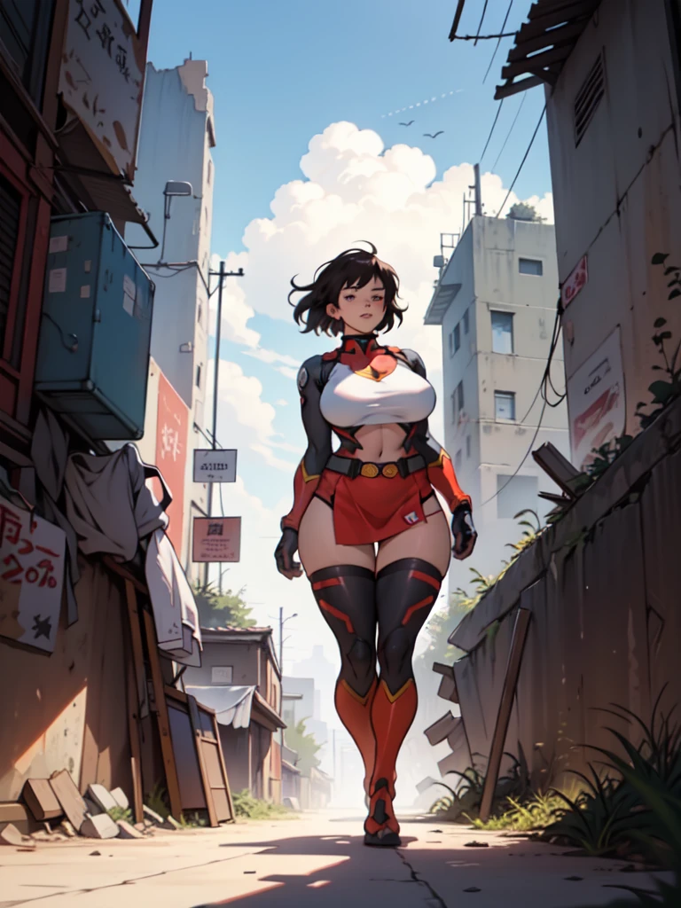 Supergirl, pureerosface_v1, sticker of a girl from DC Comics, whole body, Kim Jung what, , (gigantesco breasts breasts 1.6),soul, digital illustration, comic style, cyber punk, Perfect Anatomia, centred, approaching perfection, dynamic, highy detailed, Watercolor painting, art station, conceptual artwork, Soft, sharp focus, illustration, arte de Carne Griffiths e Wadim Kashin ,, (work of art, best qualityer, ultra detali, best shade),, In the style of Neon Genesis Evangelion, you find yourself in a desolate place, post-apocalyptic desert, as the distant ruins of a huge city loom on the horizon. The sky is full of ominous clouds, as a huge creature towers in the distance, Huge breasted, huge tits, gigantic breasts , niplles, curved, Thick