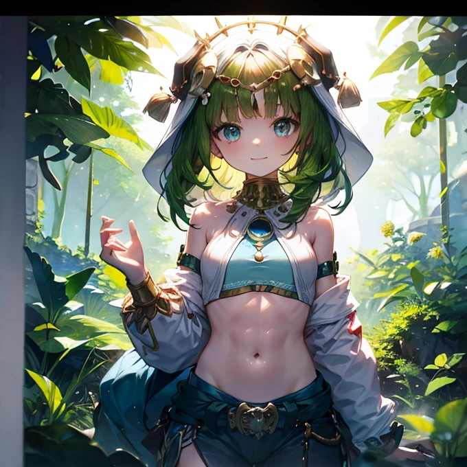 original character、Wide field、Blue sky、Uplifting、dancer、Black Hair、The tips of the hair are green、Gradation、Green garments、Twirl、Spread your hands、Lots of leaves around、The girl who manipulates leaves、Smile gently、Small breasts、Slightly split abs、White skin、Dark green hair tips、Photograph the whole body、Blue eyes、semi-long