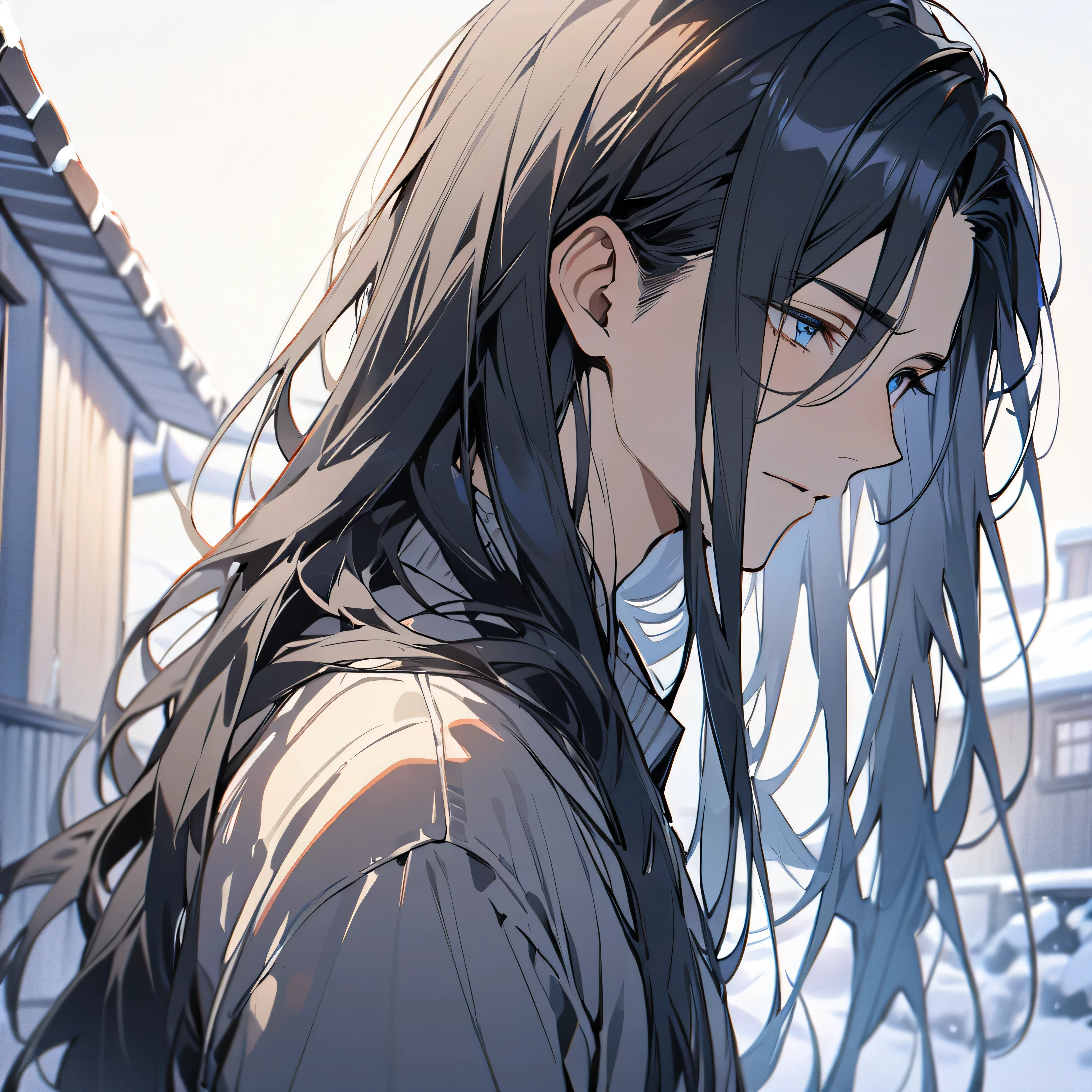 (masterpiece:1.5),best quality,(1 Handsome and calm man),alone,black hair,(long hair:1.5), (blues eyes), (cold and distant expression),perfect face,a normal workers clothes,High,8K,Beautiful contrast of light and shadow, A simple house background,(complete upper body),Positive face