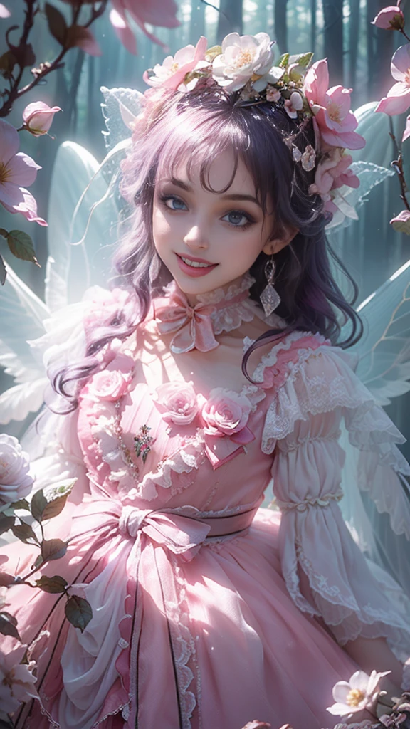 (highest quality, masterpiece, Super detailed, very detailed, exquisite, 16K,Full HD),dramatic lighting, warm lighting, soft lighting, environmental lighting, ((alone:1.5)),From the side,white background,From above,((head shot)),wake up,large amount of flowers,The entire screen is surrounded by flowers,in the forest,(Crystal Forest),(fairy princess, purple eyes, long eyelashes,white skin,slim,Pale pink lip,pale pink cheeks, bionde,thin and long,(thin and high nose,small nose),(From above her waist, a giant fairy wing),Diamond Tiara,diamond earrings,Diamond Choker,white ball gown dress with diamonds, lace and ruffles,(laughter), (fantasy, romantic atmosphere), magic light,