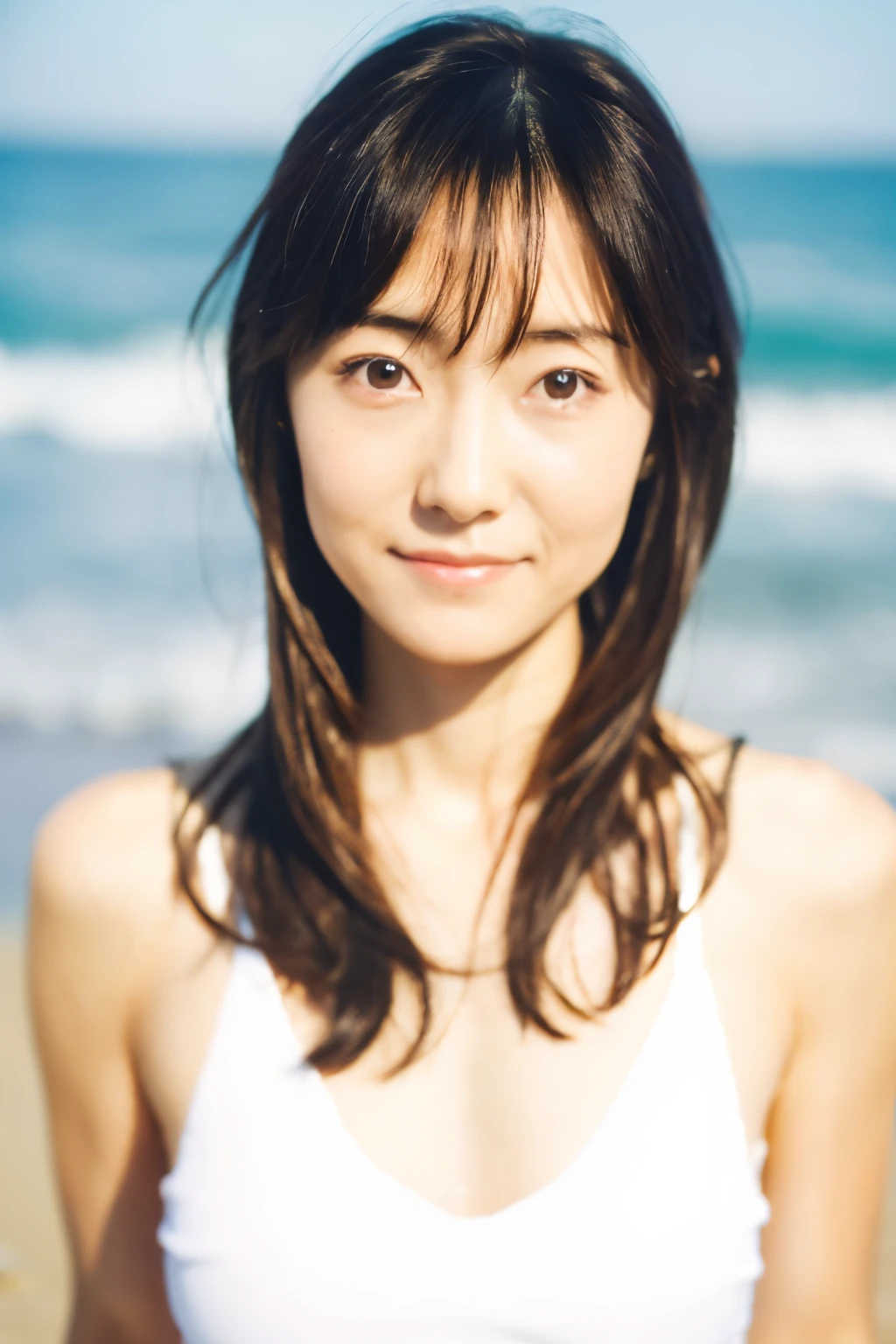 8k, highest quality, masterpiece, super high resolution, (realistic:1.4), RAW Photos, (Film Grain:1.3), One Girl, portrait of a skinny Japanese woman, 30 years old, standing on the beach, a cute face, detailed face, detailed eyes, {short|long} hair, correct body anatomy, photogravure