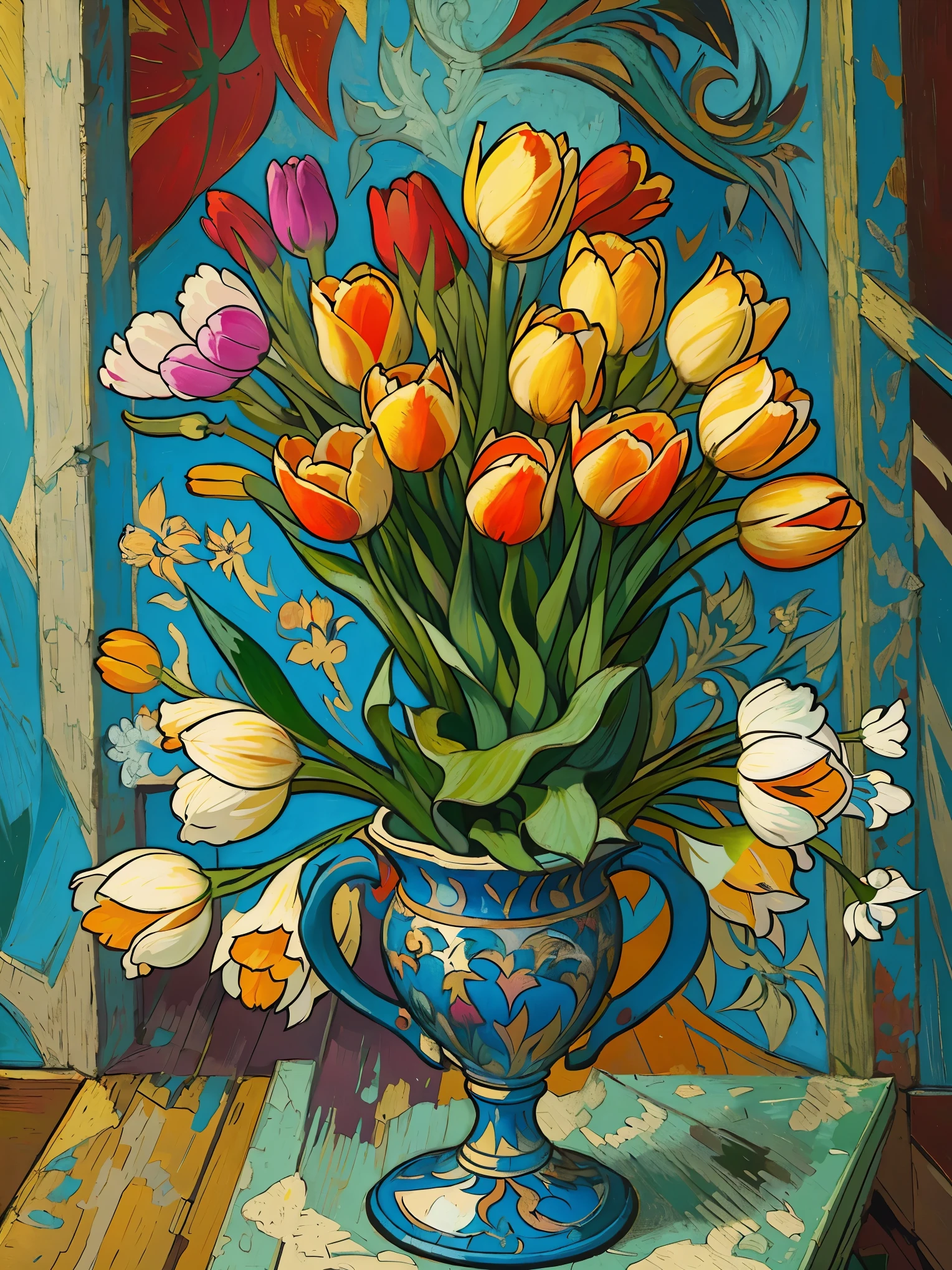 Tulip Painting, Inspired by Picasso, Influenced by Van Gogh, Tulip flower bed, Full body image, Very colorful, Bright color palette, Oil, An illustration, unique configuration.