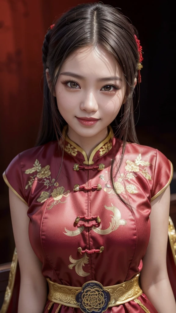 a beautiful girl in a cheongsam, intricate traditional Chinese dress, shiny hair, alluring smile, detailed skin texture, (best quality,4k,8k,highres,masterpiece:1.2),ultra-detailed,(realistic,photorealistic,photo-realistic:1.37),portrait,vivid colors,studio lighting