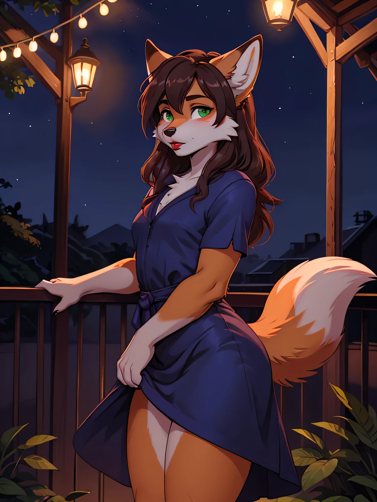 Best quality, furry male fox with green eyes, with brown long hair, with black spout, with red lipstick on lips, big lips, in a blue dress, crossdressing, shy, air kiss, sexy pose, stands seductively against the backdrop of a night park 