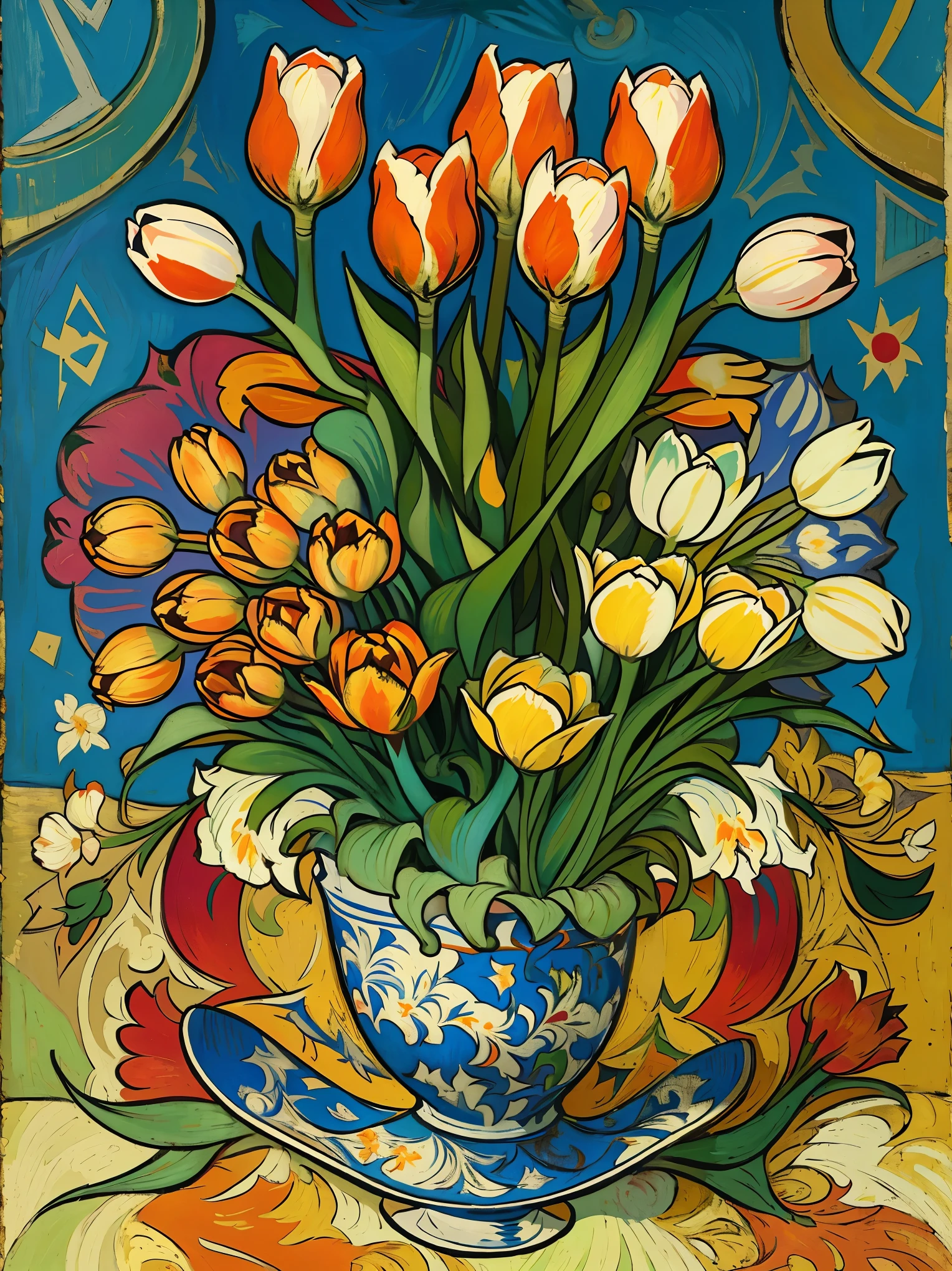 Tulip Painting, Inspired by Picasso, Influenced by Van Gogh, Tulip flower bed, Full body image, Very colorful, Bright color palette, Oil, An illustration, unique configuration.