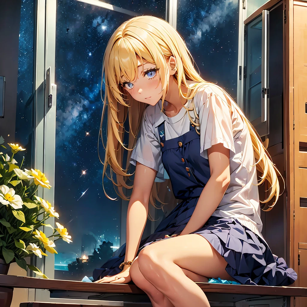 Alice crying in the corner of the room, star, , star空, night, One girl, alone, Sitting, Long Hair, silhouette,