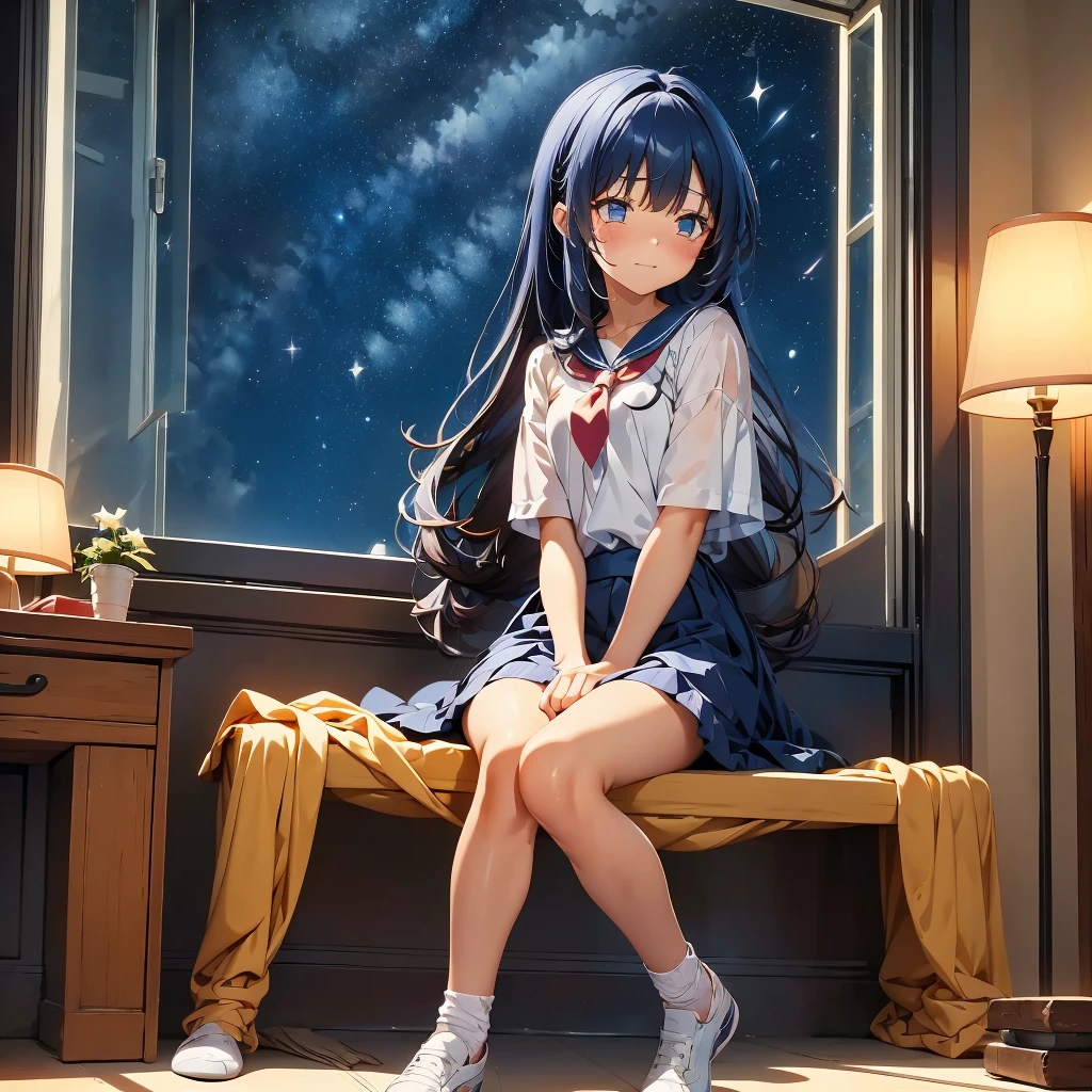 Alice crying in the corner of the room, star, , star空, night, One girl, alone, Sitting, Long Hair, silhouette,