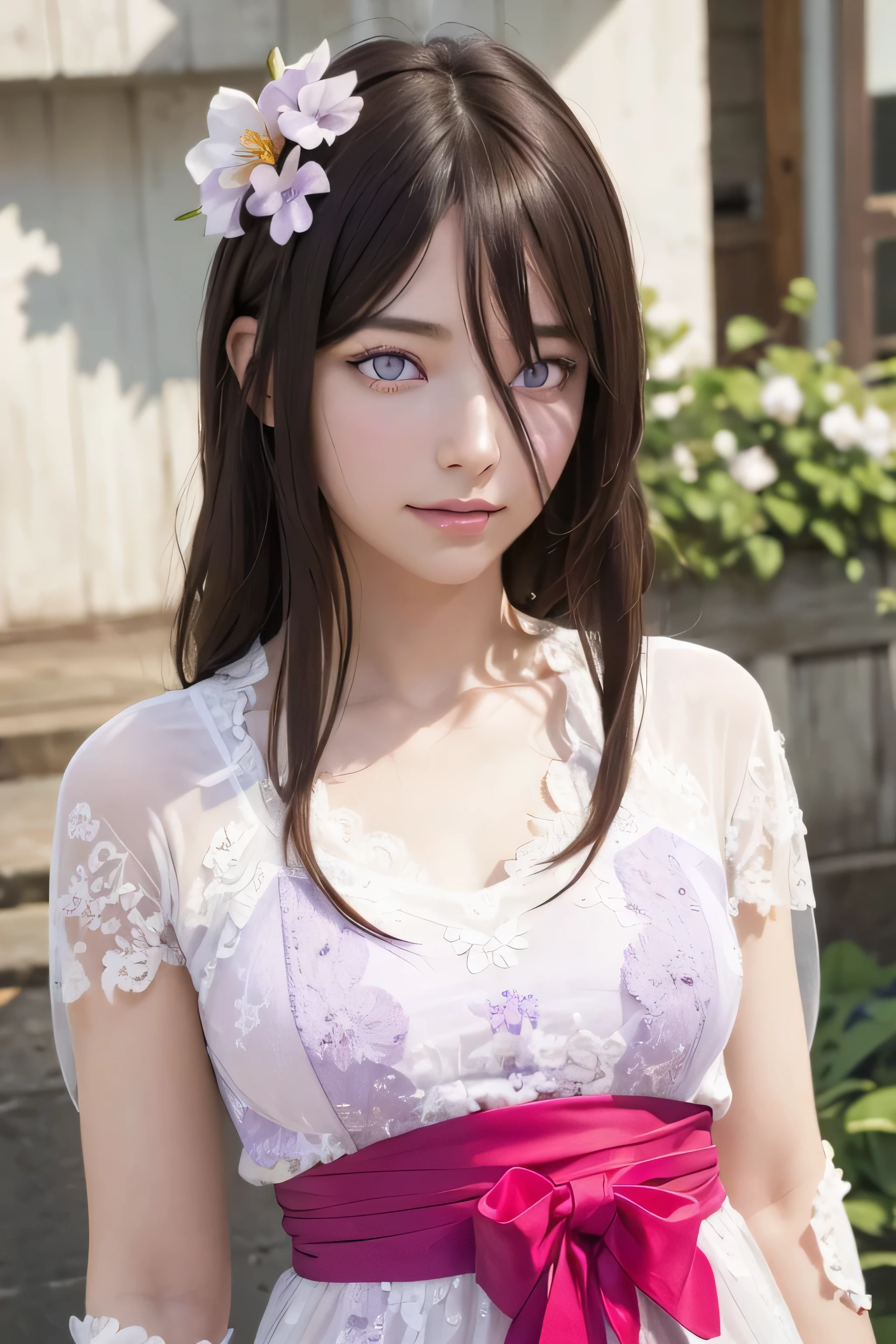 masterpiece, best quality, (realistic,photo-realistic:1.4), (RAW photo:1.2), extremely detailed CG unity 8k wallpaper, delicate and beautiful, amazing,finely detail, official art, absurdres, incredibly absurdres, huge filesize, ultra-detailed,extremely detailed eyes and face,light on face,hanabi,(little smile),(brown hair:1.4),(long hair:1.3),(wearing white dress:1.4),(nature backgrouund:1.4),(light purple eyes:1.5)