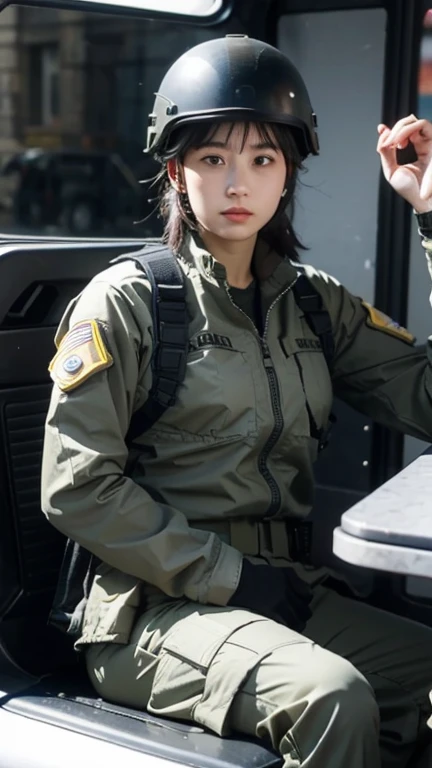 Female special forces soldier Alice wearing M-51 military uniform，Wearing a helmet，Sitting in the cab of Luther&#39;s jeep。Hands on the steering wheel，Her belt magazine pouch is full，The Chinese armband and eagle armband on her arm seem to tell of her perseverance and courage.。
