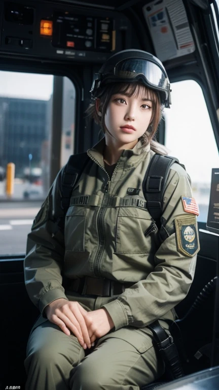 Female special forces soldier Alice wearing M-51 military uniform，Wearing a helmet，Sitting in the cab of Luther&#39;s jeep。Hands on the steering wheel，Her belt magazine pouch is full，The Chinese armband and eagle armband on her arm seem to tell of her perseverance and courage.。
