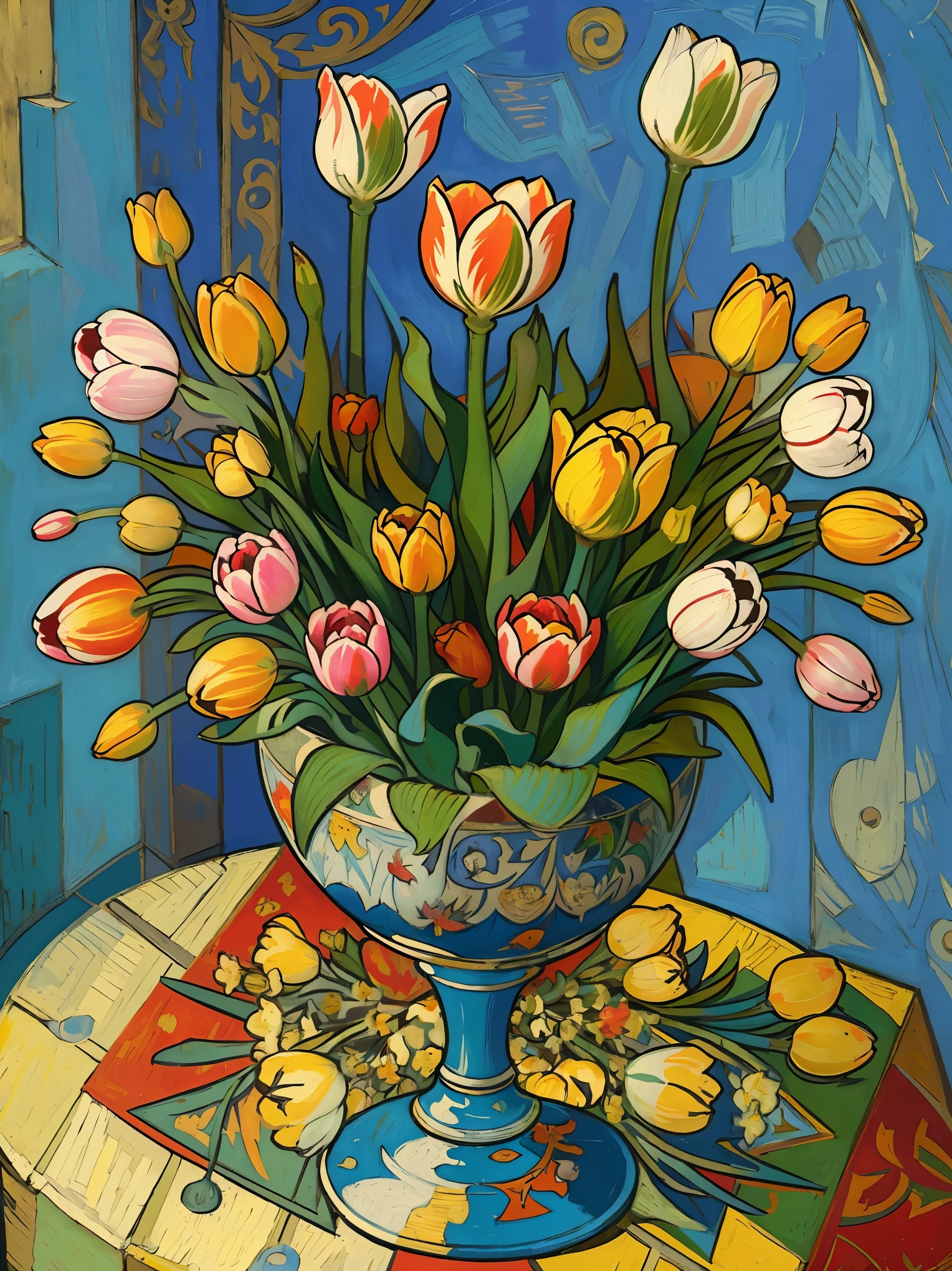 Tulip Painting, Inspired by Picasso, Influenced by Van Gogh, Tulip flower bed, Full body image, Very colorful, Bright color palette, Oil, An illustration, unique configuration.