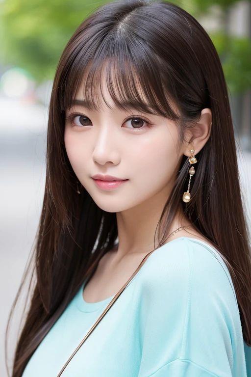 high quality、Generate high resolution images。She is young々Successfully、With a cute appearance、Has a fresh and natural look。Here are the specific details::
1. **Face shape**: Oval face with a slightly pointed chin。
2. **eye**: big、アーモンド形のeyeで、double eyelid。eyeの色はダークブラウンで、There is a vibrant glow。
3. **Eyebrow**: 自然なアーチを描いたEyebrowで、It is well maintained though、Not too thin。
4. **nose**: small、やや上向きのnose。
5. **mouth**: Natural pink plump lips。She has a gentle smile。
6. **Skin color**: Has a healthy glow、Brighter, smoother skin。
7. **hair**: long、ストレートな黒hairで、Has a slight sheen。hair型はソフトなウェーブかストレートのままにすることが多い。
8. **make**: ミニマルでナチュラルなmake。A lightweight foundation to even out skin tone、A touch of blush on the cheeks、eyeを引き立てるための控えめなアイライナーとナチュラルなマスカラ。Lips lightly tinted in pink or peach。
9. **accessories**: smallて繊細なイヤリングやシンプルなネックレスを時々wear。
10. **expression**: Friendly、フレンドリーなexpression。軽い微笑みや遊び心のあるexpressionが特徴。
To focus on her face、Shoot in a bright environment、The background should be neutral or soft and blurred。