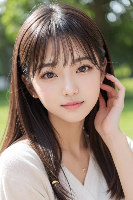 high quality、Generate high resolution images。She is young々Successfully、With a cute appearance、Has a fresh and natural look。Here are the specific details:：

1. **Face shape**: Oval face with a slightly pointed chin。
2. **eye**: big、アーモンド形のeyeで、double eyelid。eyeの色はダークブラウンで、There is a vibrant glow。
3. **Eyebrow**: 自然なアーチを描いたEyebrowで、It is well maintained though、Not too thin。
4. **nose**: small、やや上向きのnose。
5. **mouth**: Natural pink plump lips。She has a gentle smile。
6. **Skin color**: Has a healthy glow、Brighter, smoother skin。
7. **hair**: long、ストレートな黒hairで、Has a slight sheen。hair型はソフトなウェーブかストレートのままにすることが多い。
8. **make**: ミニマルでナチュラルなmake。A lightweight foundation to even out skin tone、A touch of blush on the cheeks、eyeを引き立てるための控えめなアイライナーとナチュラルなマスカラ。Lips lightly tinted in pink or peach。
9. **accessories**: smallて繊細なイヤリングやシンプルなネックレスを時々wear。
10. **expression**: Friendly、フレンドリーなexpression。軽い微笑みや遊び心のあるexpressionが特徴。

To focus on her face、Shoot in a bright environment、The background should be neutral or soft and blurred。