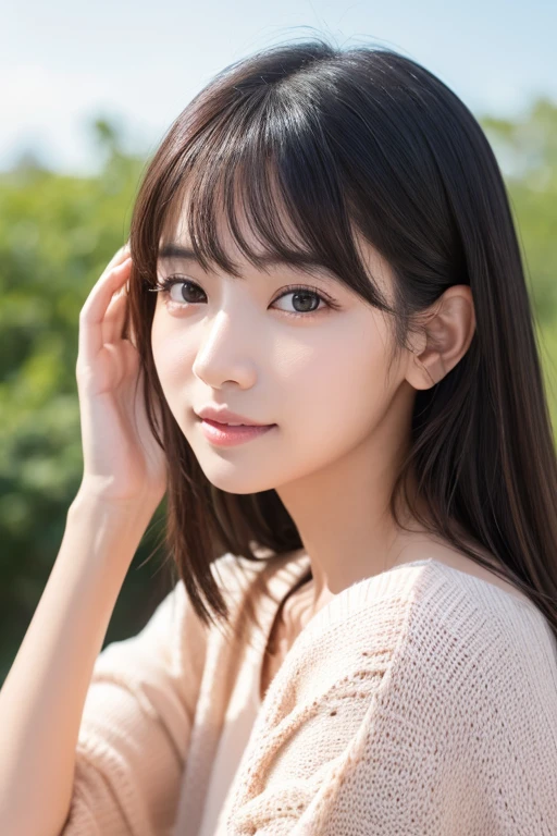 high quality、Generate high resolution images。She is young々Successfully、With a cute appearance、Has a fresh and natural look。Here are the specific details::
1. **Face shape**: Oval face with a slightly pointed chin。
2. **eye**: big、アーモンド形のeyeで、double eyelid。eyeの色はダークブラウンで、There is a vibrant glow。
3. **Eyebrow**: 自然なアーチを描いたEyebrowで、It is well maintained though、Not too thin。
4. **nose**: small、やや上向きのnose。
5. **mouth**: Natural pink plump lips。She has a gentle smile。
6. **Skin color**: Has a healthy glow、Brighter, smoother skin。
7. **hair**: long、ストレートな黒hairで、Has a slight sheen。hair型はソフトなウェーブかストレートのままにすることが多い。
8. **make**: ミニマルでナチュラルなmake。A lightweight foundation to even out skin tone、A touch of blush on the cheeks、eyeを引き立てるための控えめなアイライナーとナチュラルなマスカラ。Lips lightly tinted in pink or peach。
9. **accessories**: smallて繊細なイヤリングやシンプルなネックレスを時々wear。
10. **expression**: Friendly、フレンドリーなexpression。軽い微笑みや遊び心のあるexpressionが特徴。
To focus on her face、Shoot in a bright environment、The background should be neutral or soft and blurred。