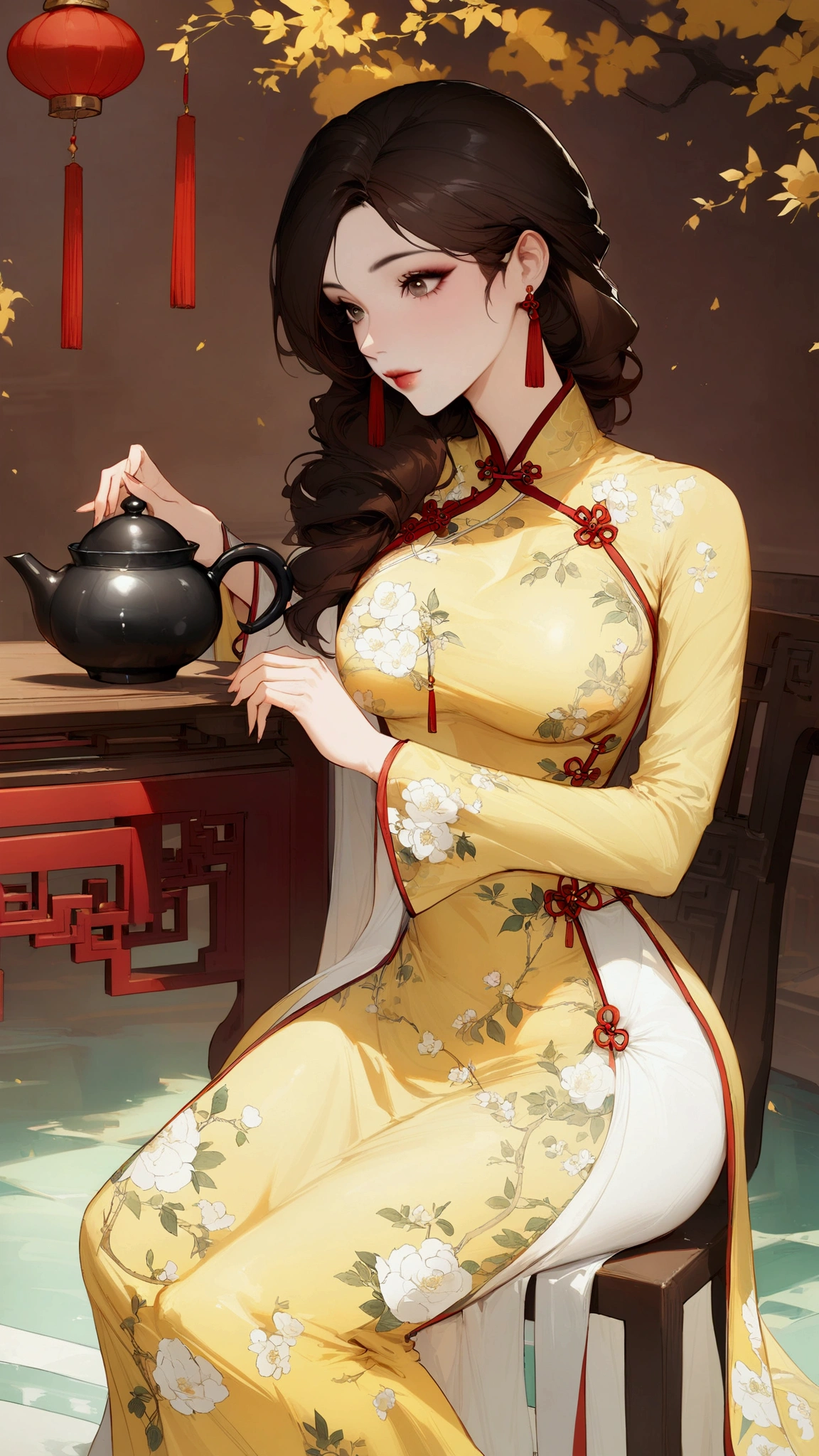 (hair swept bangs:1.3), (brown hair:1.3), araffe woman in a yellow dress sitting on a chair holding a teapot, with acient chinese clothes, ao dai, palace , a girl in hanfu, traditional beauty, trending on cgstation, artwork in the style of guweiz, beautiful character painting, cheongsam, chinese dress, chinese costume, trending at cgstation, wearing ancient chinese clothes,